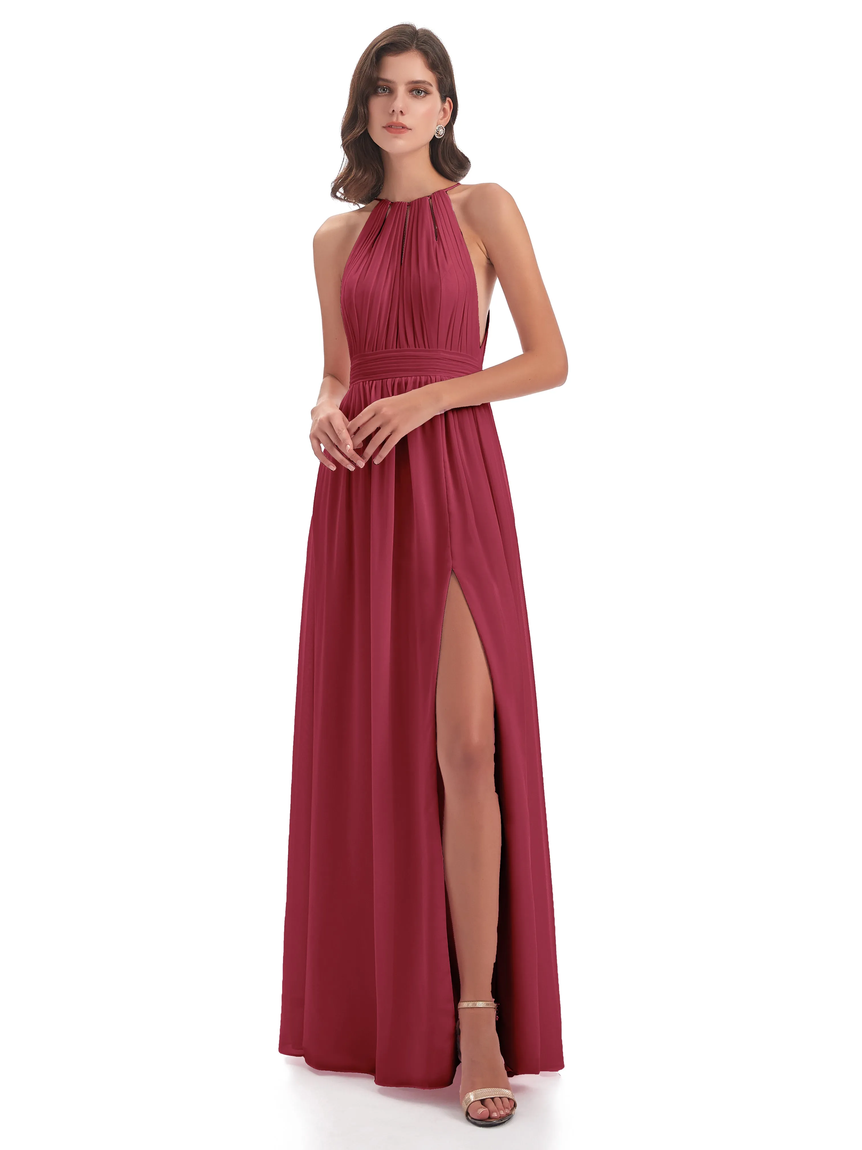 Marlowe Floor Length Halter Split Chiffon Bridesmaid Dresses