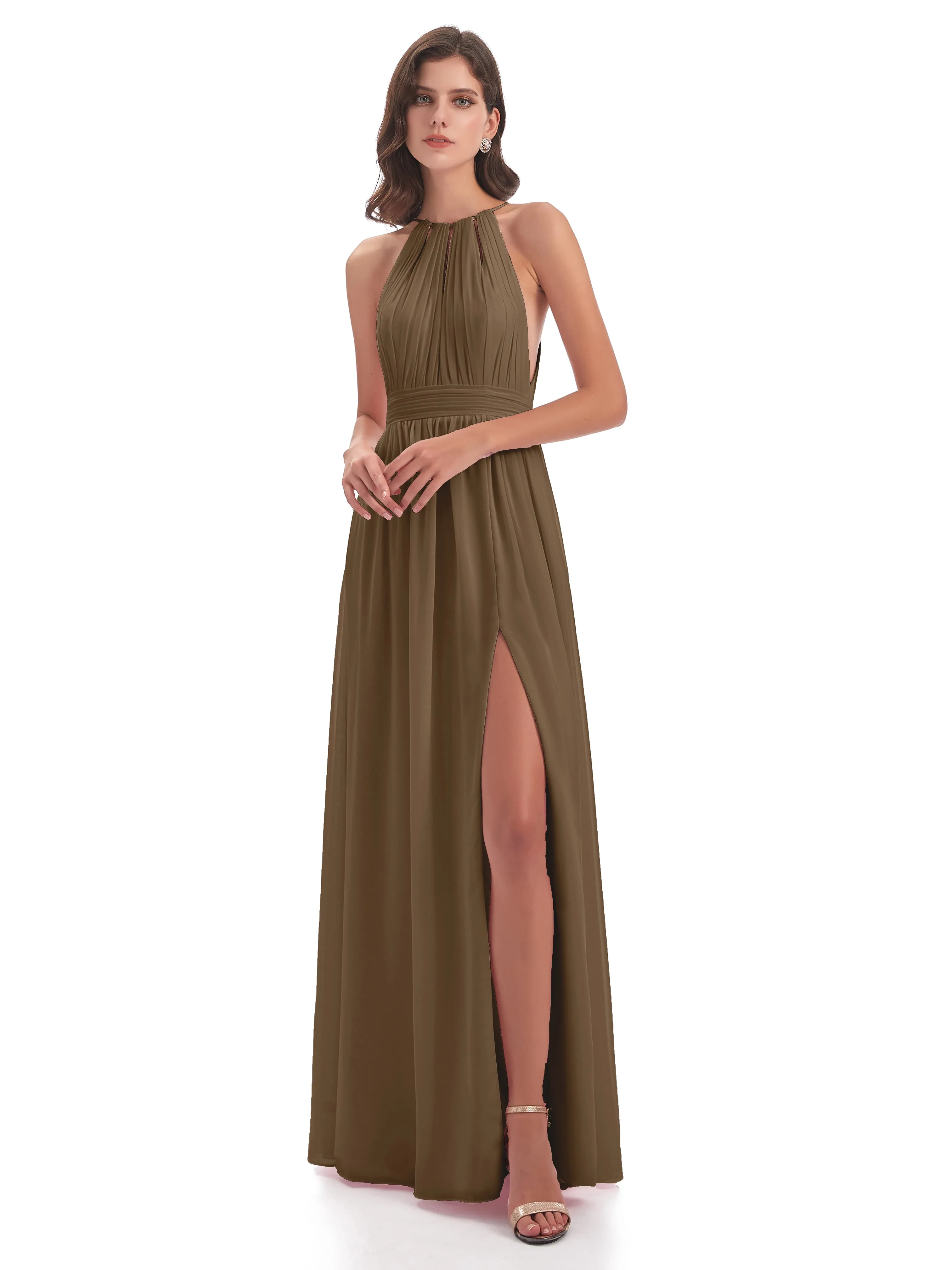 Marlowe Floor Length Halter Split Chiffon Bridesmaid Dresses