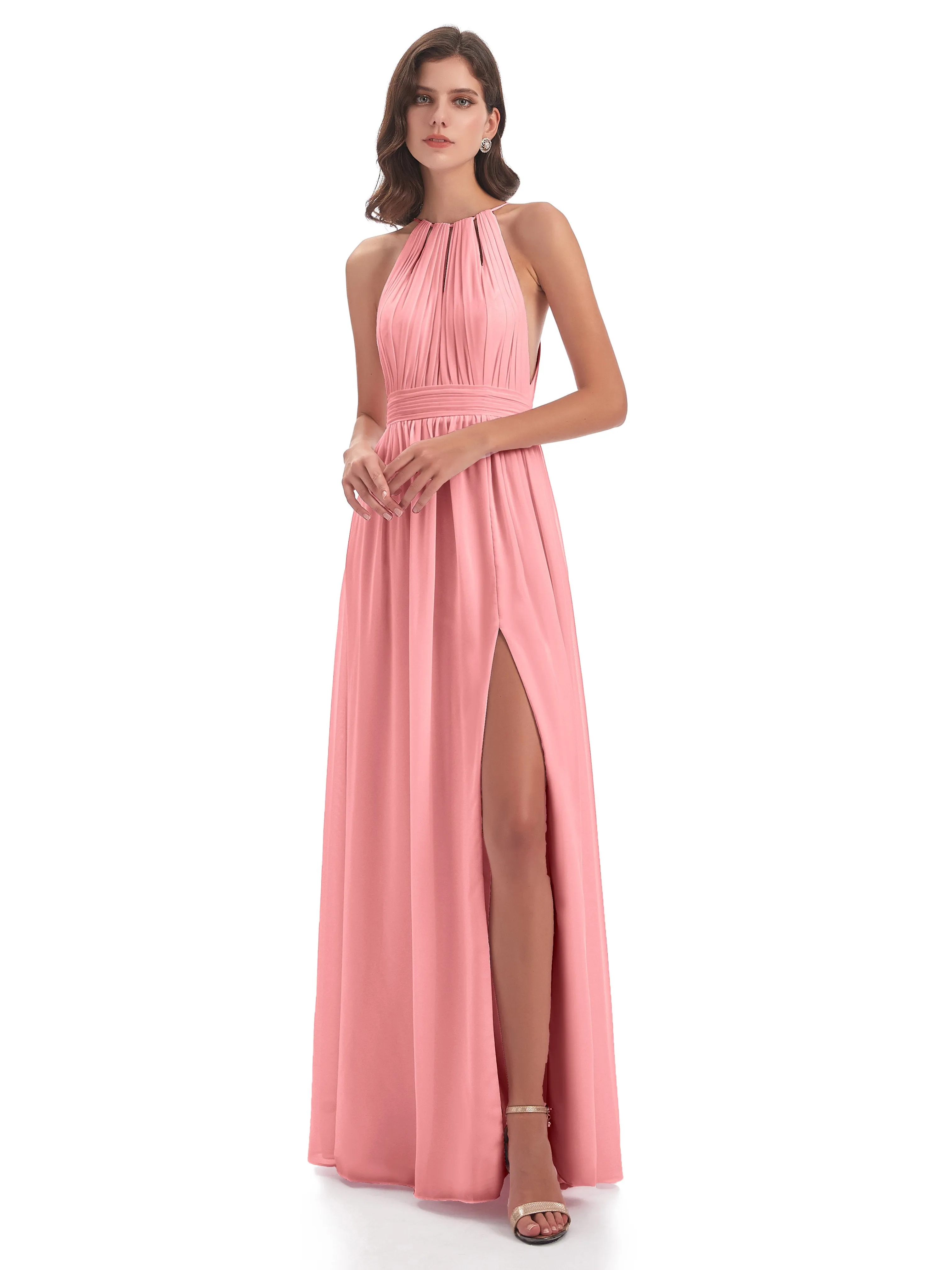 Marlowe Floor Length Halter Split Chiffon Bridesmaid Dresses
