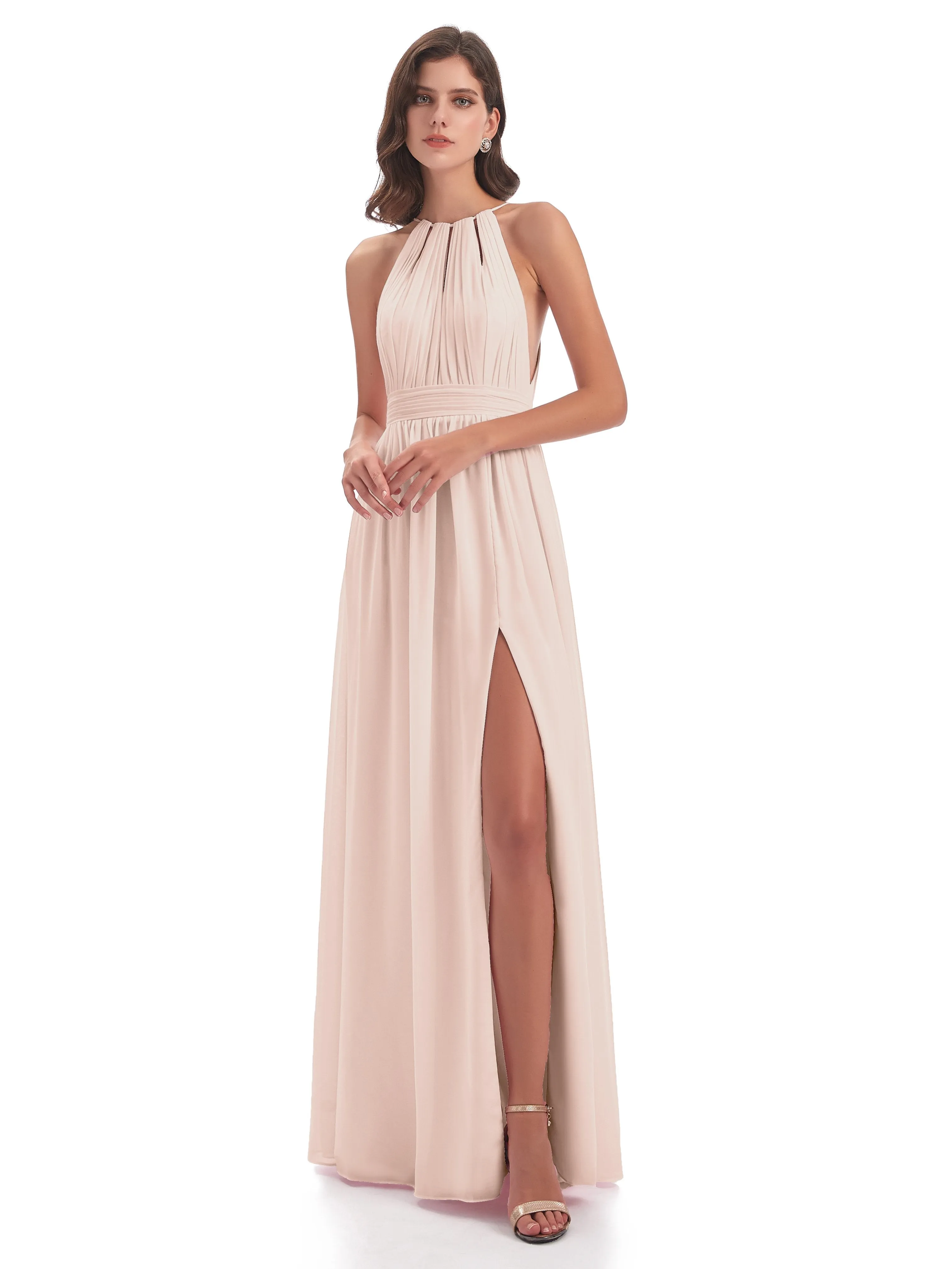 Marlowe Floor Length Halter Split Chiffon Bridesmaid Dresses