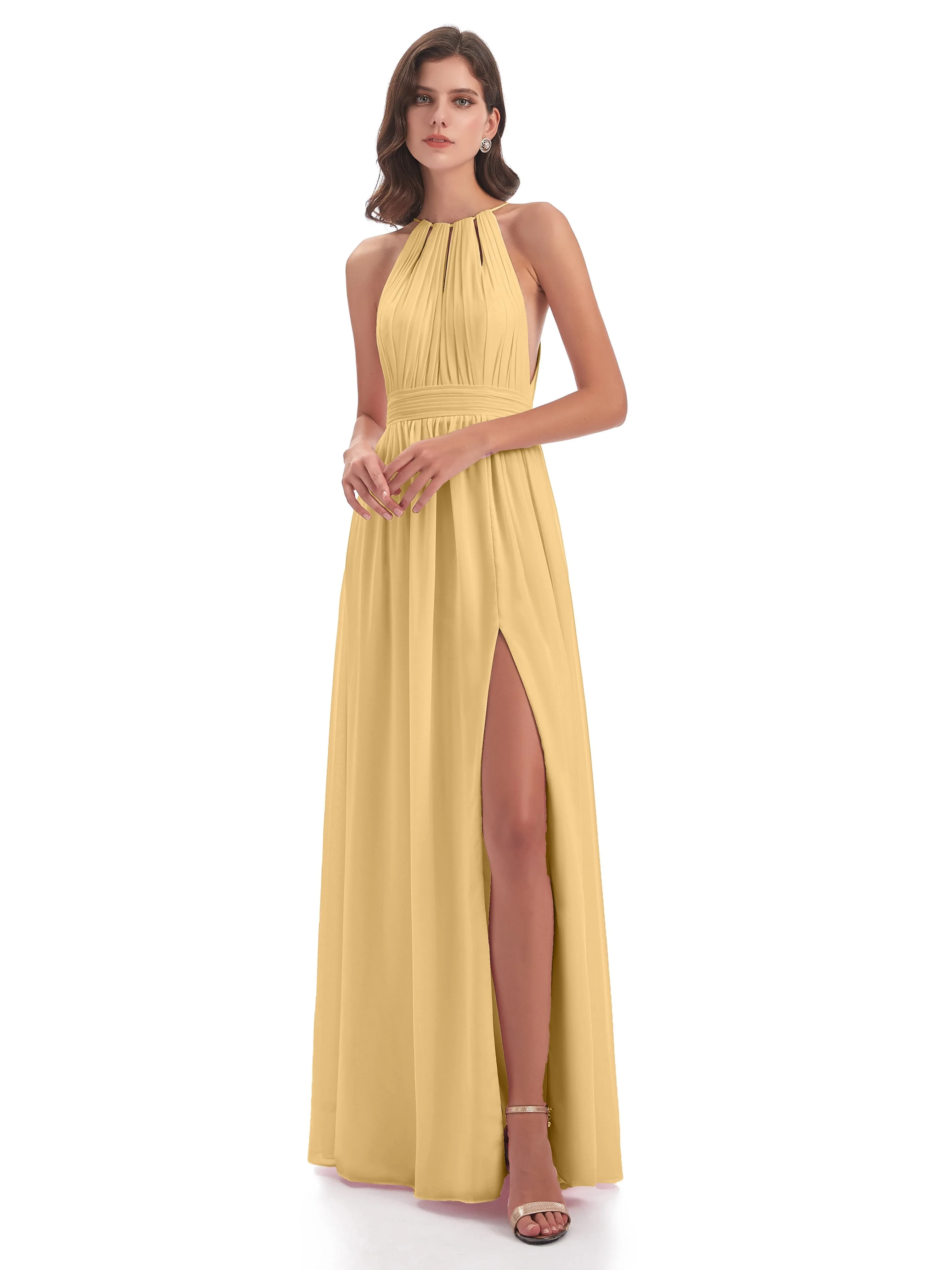 Marlowe Floor Length Halter Split Chiffon Bridesmaid Dresses