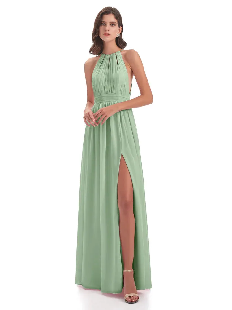 Marlowe Floor Length Halter Split Chiffon Bridesmaid Dresses