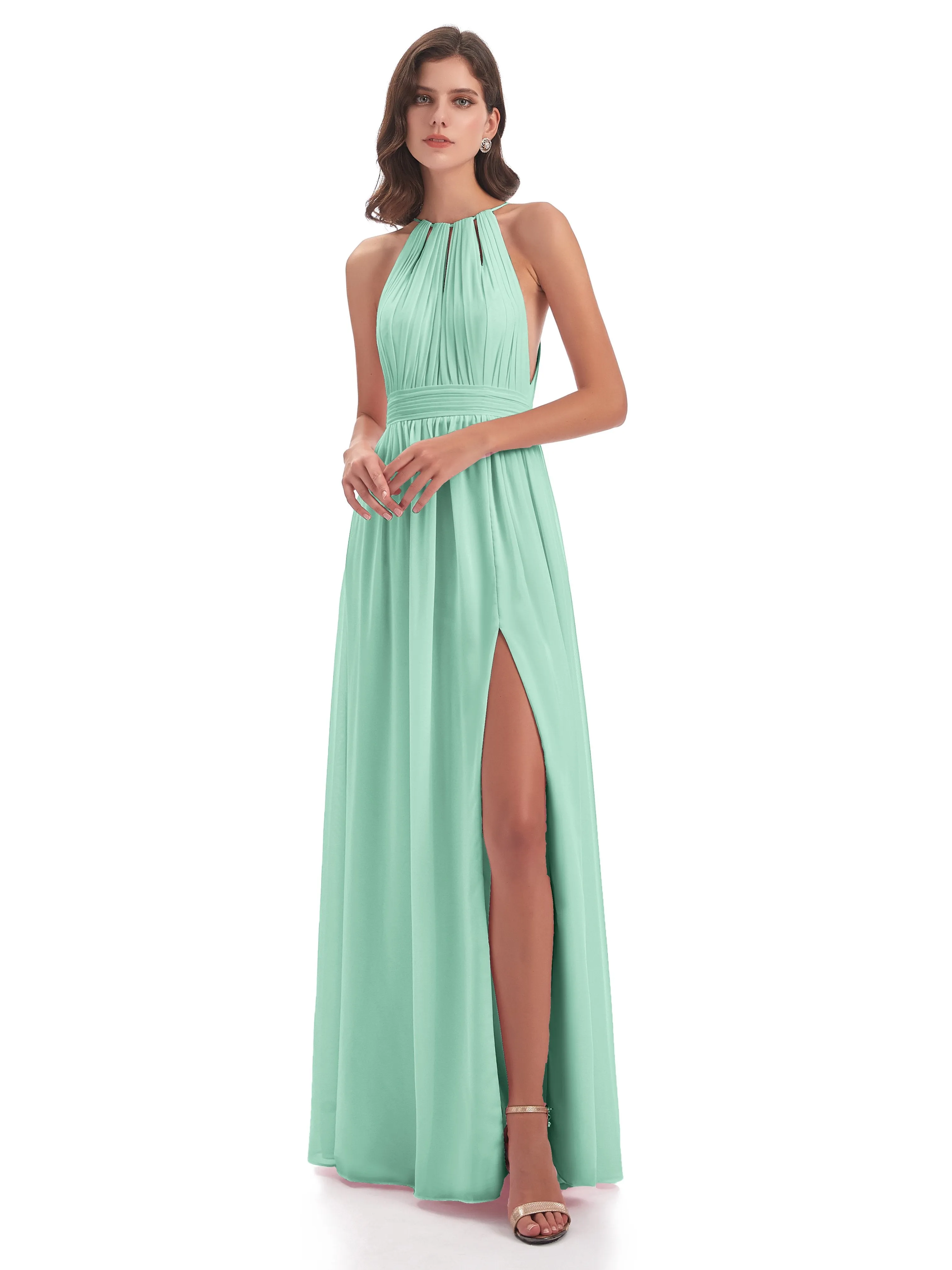 Marlowe Floor Length Halter Split Chiffon Bridesmaid Dresses