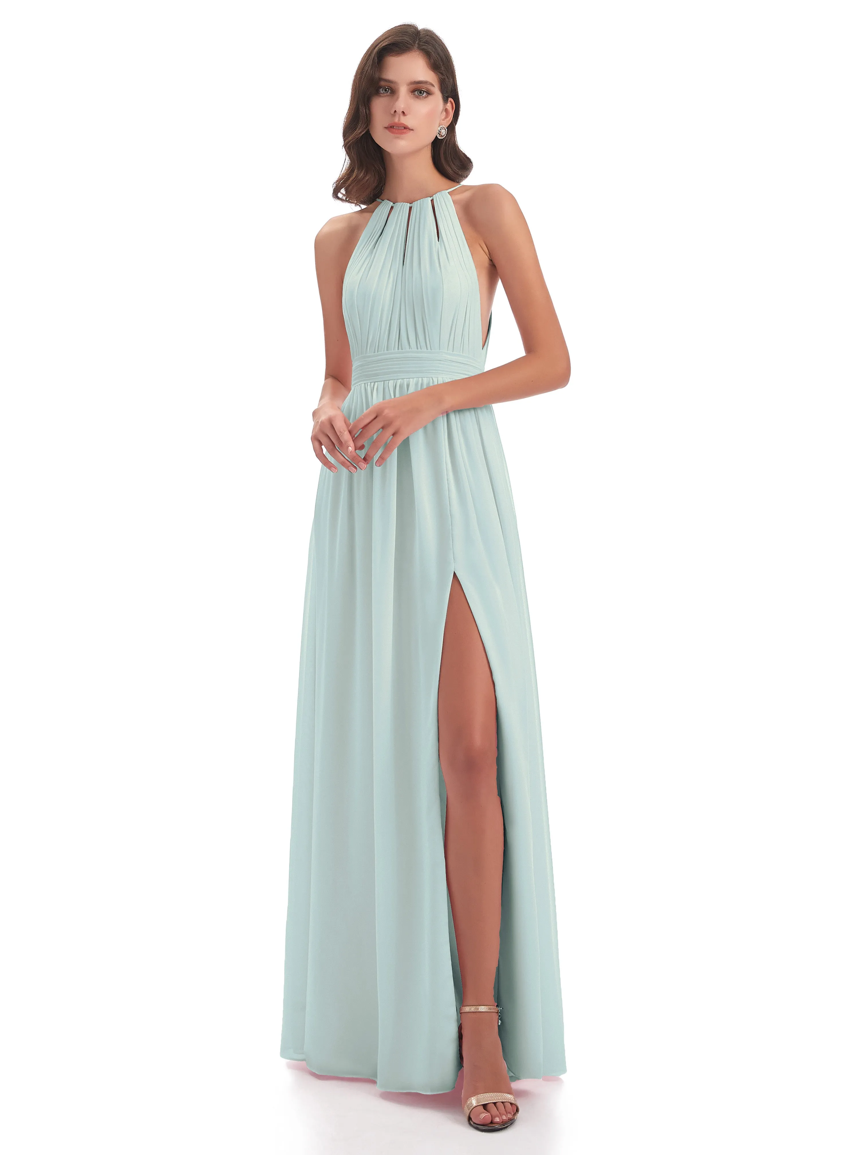 Marlowe Floor Length Halter Split Chiffon Bridesmaid Dresses