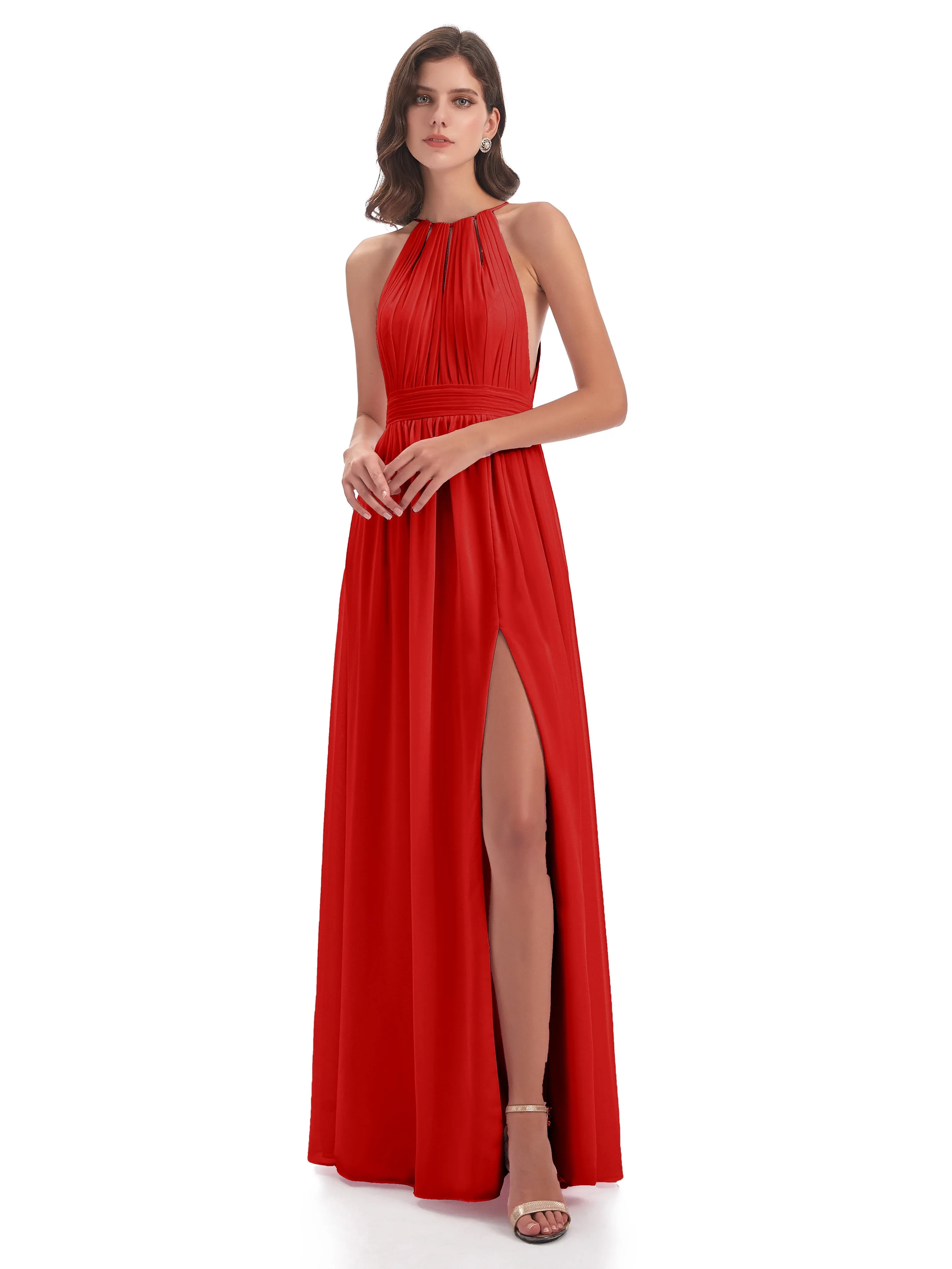Marlowe Floor Length Halter Split Chiffon Bridesmaid Dresses