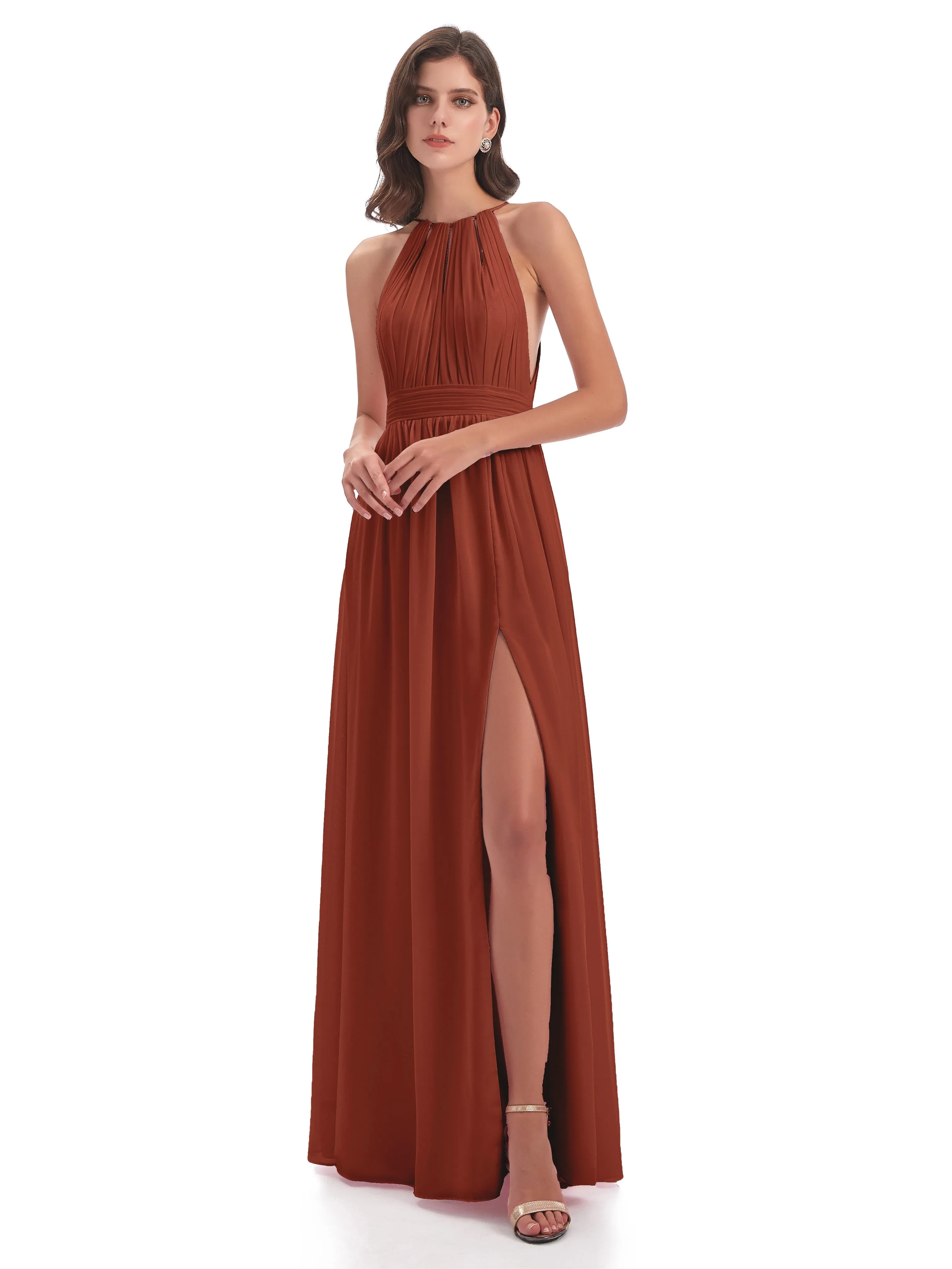 Marlowe Floor Length Halter Split Chiffon Bridesmaid Dresses