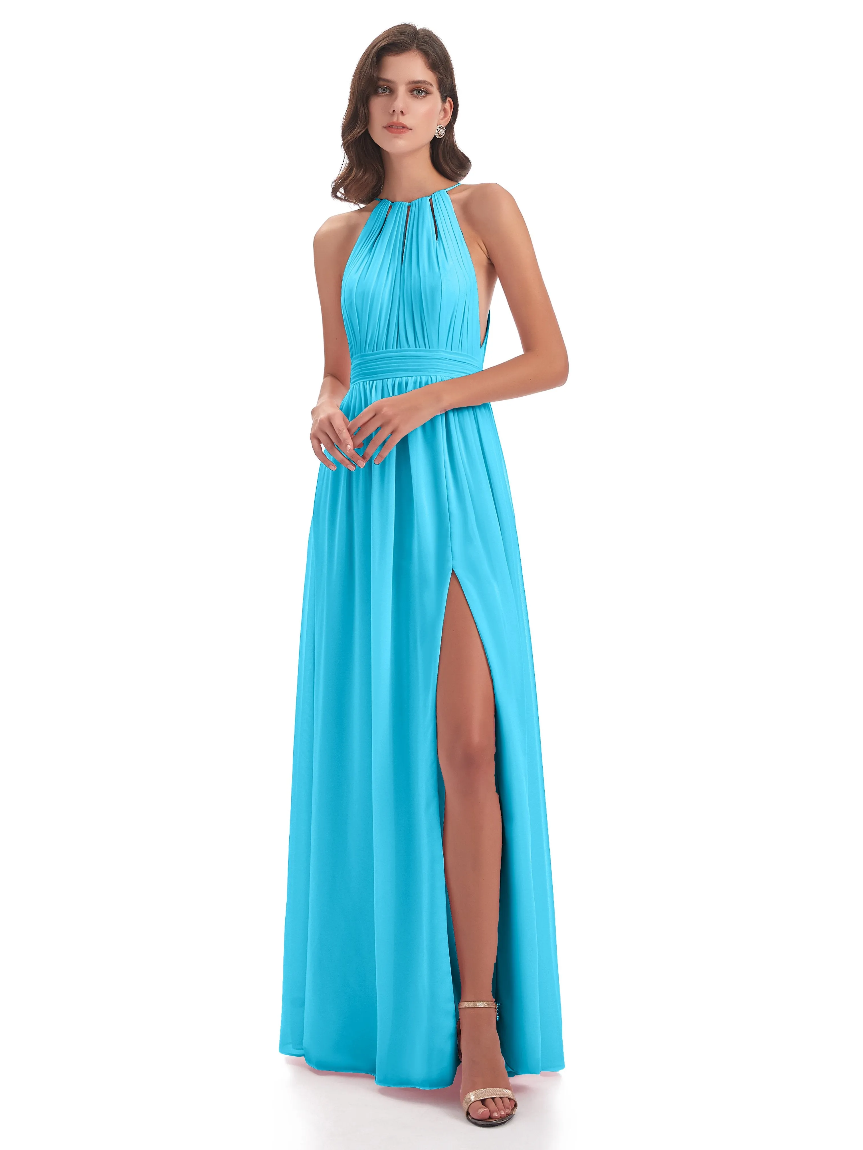Marlowe Floor Length Halter Split Chiffon Bridesmaid Dresses