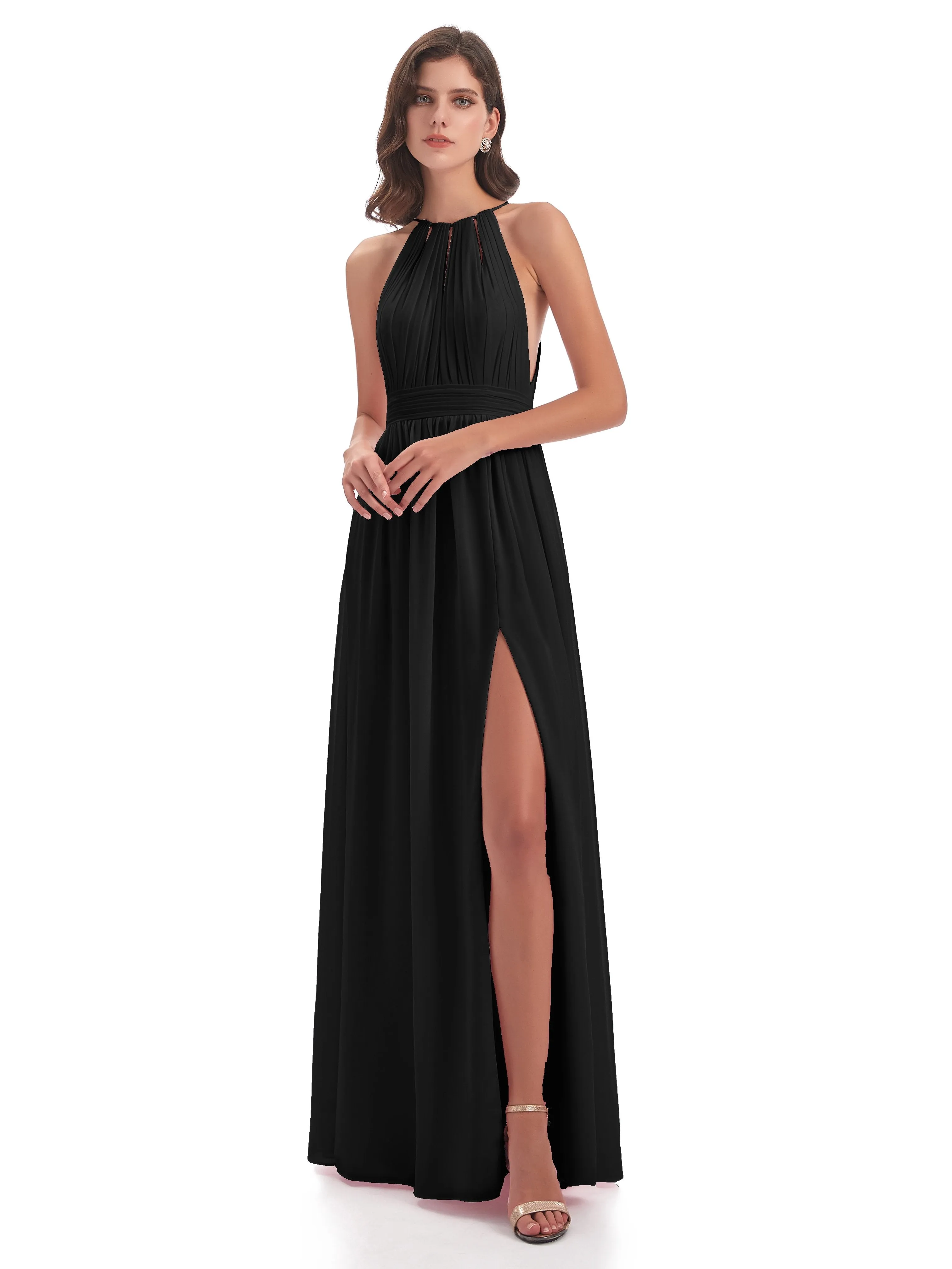 Marlowe Floor Length Halter Split Chiffon Bridesmaid Dresses