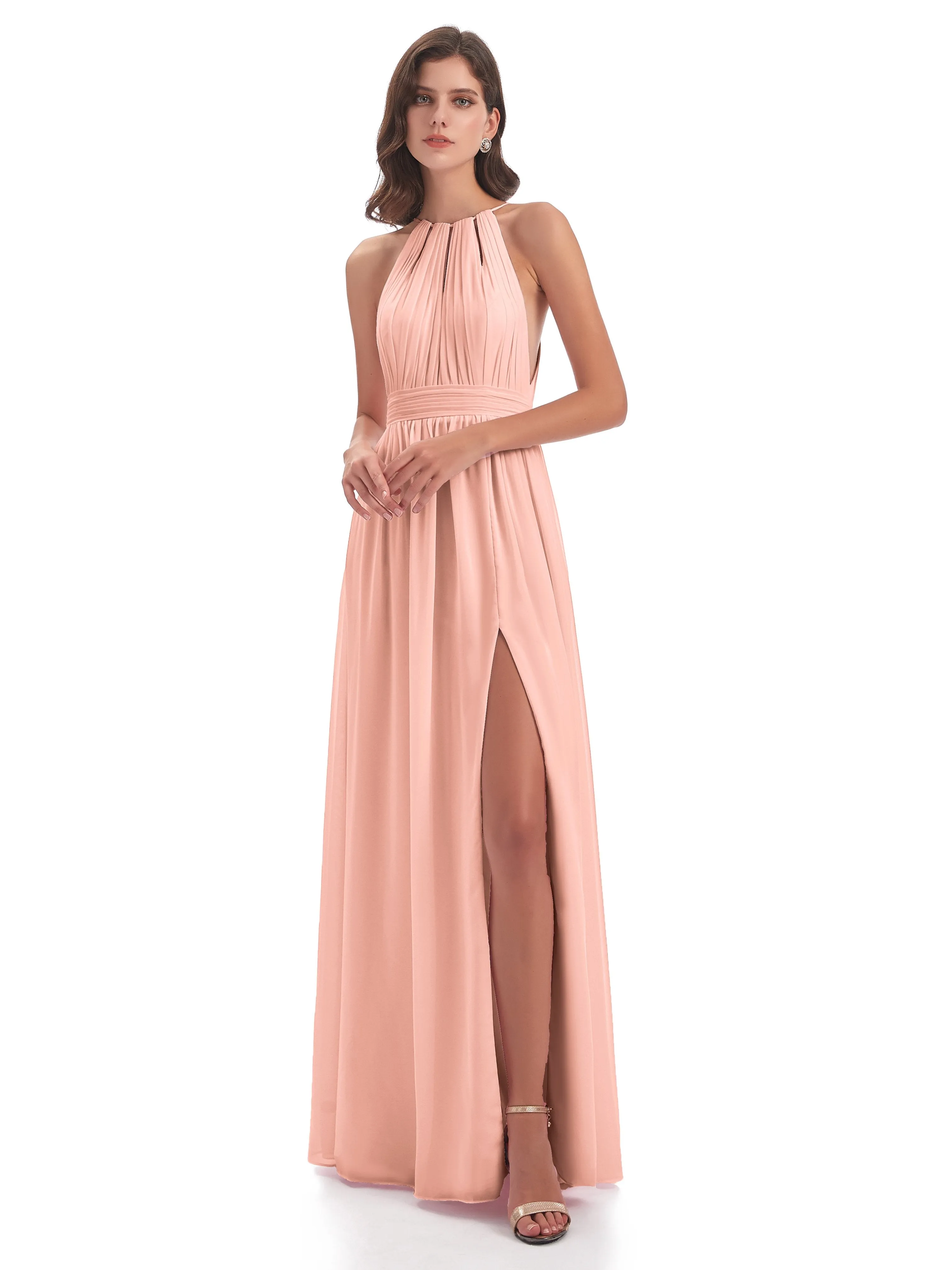 Marlowe Floor Length Halter Split Chiffon Bridesmaid Dresses