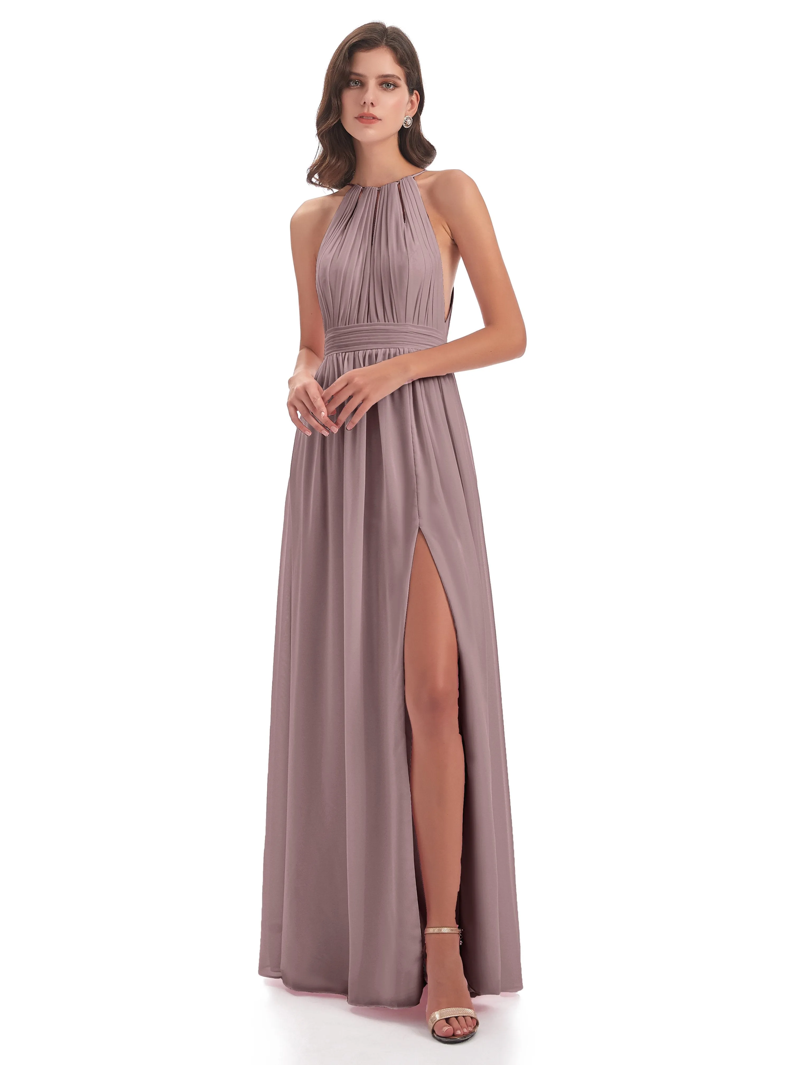 Marlowe Floor Length Halter Split Chiffon Bridesmaid Dresses