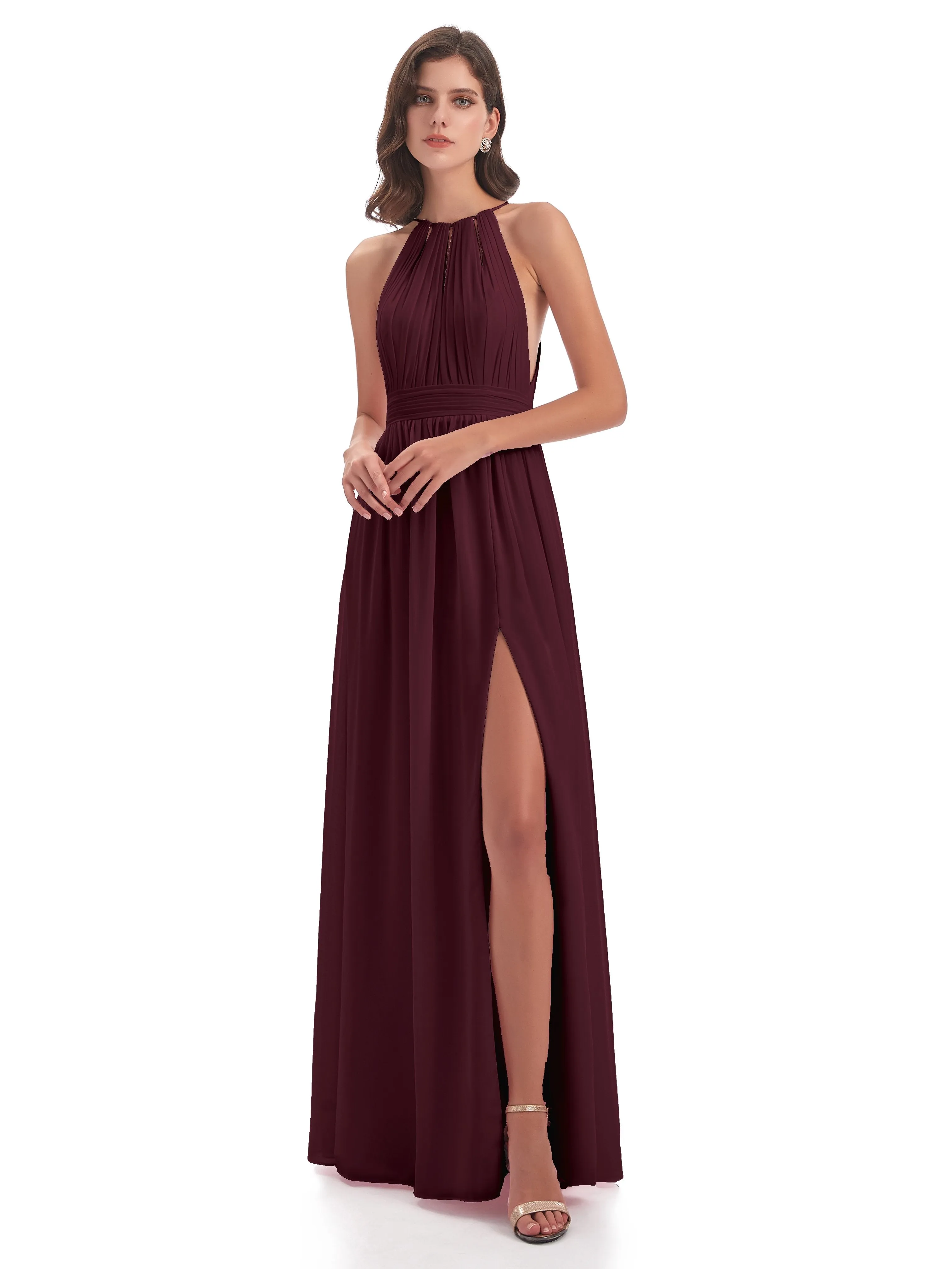 Marlowe Floor Length Halter Split Chiffon Bridesmaid Dresses