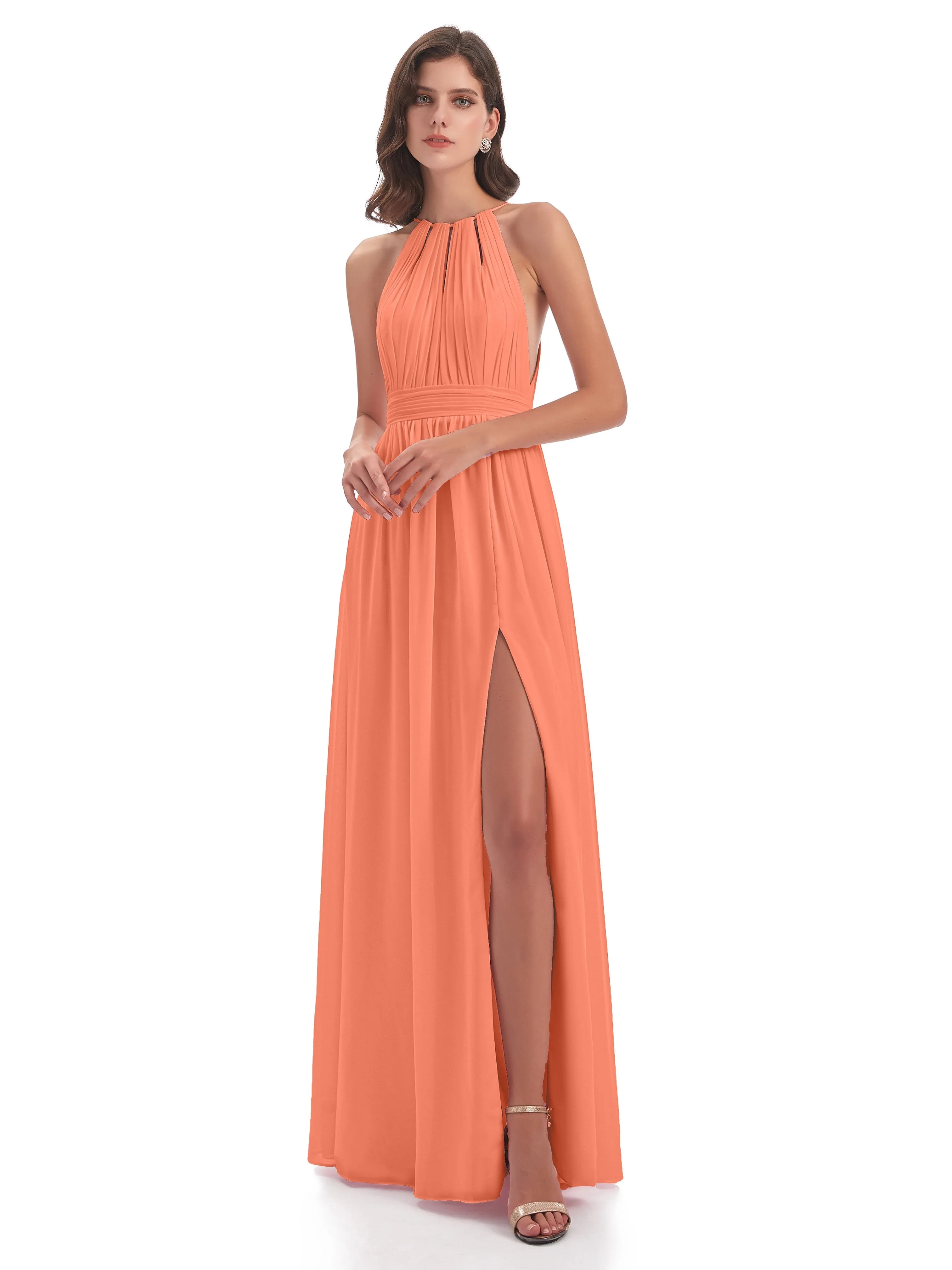 Marlowe Floor Length Halter Split Chiffon Bridesmaid Dresses