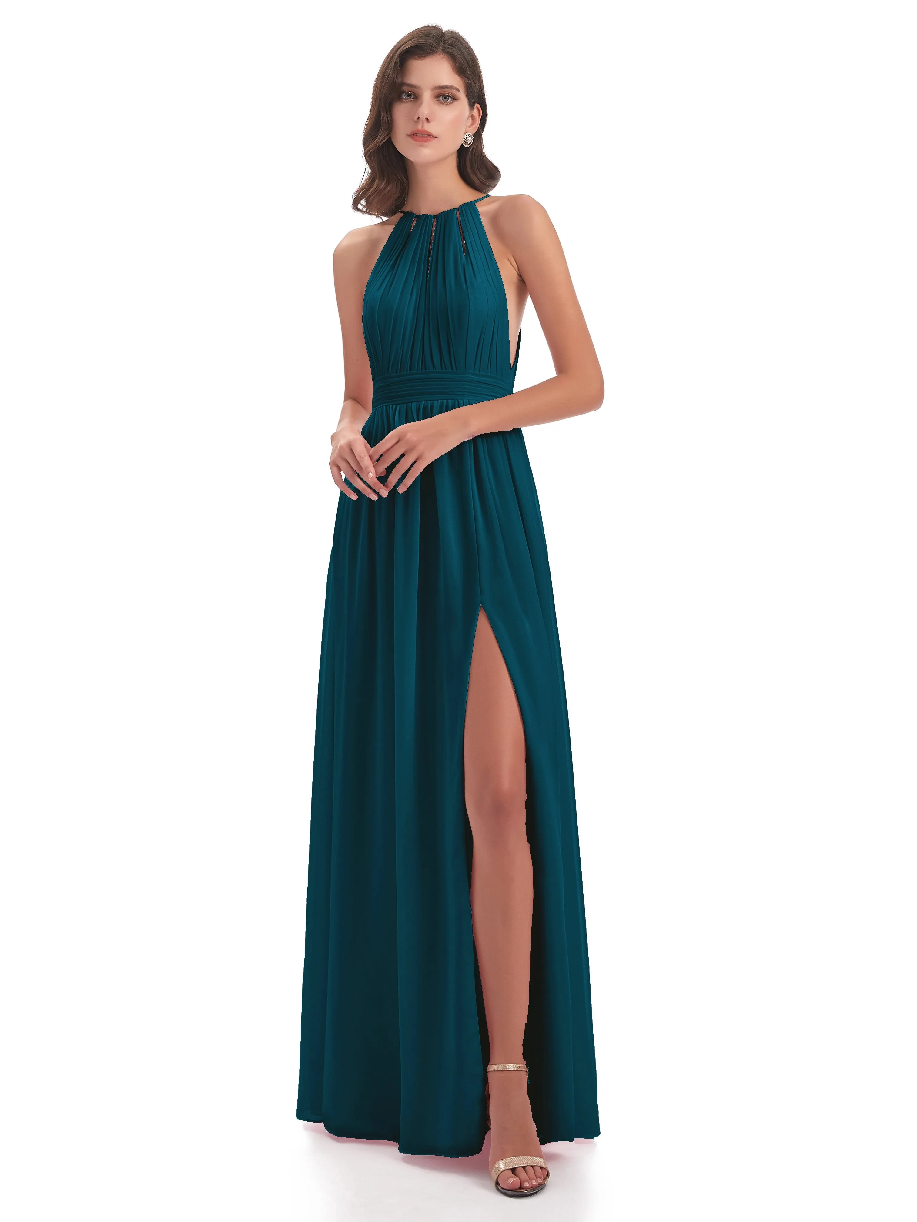 Marlowe Floor Length Halter Split Chiffon Bridesmaid Dresses