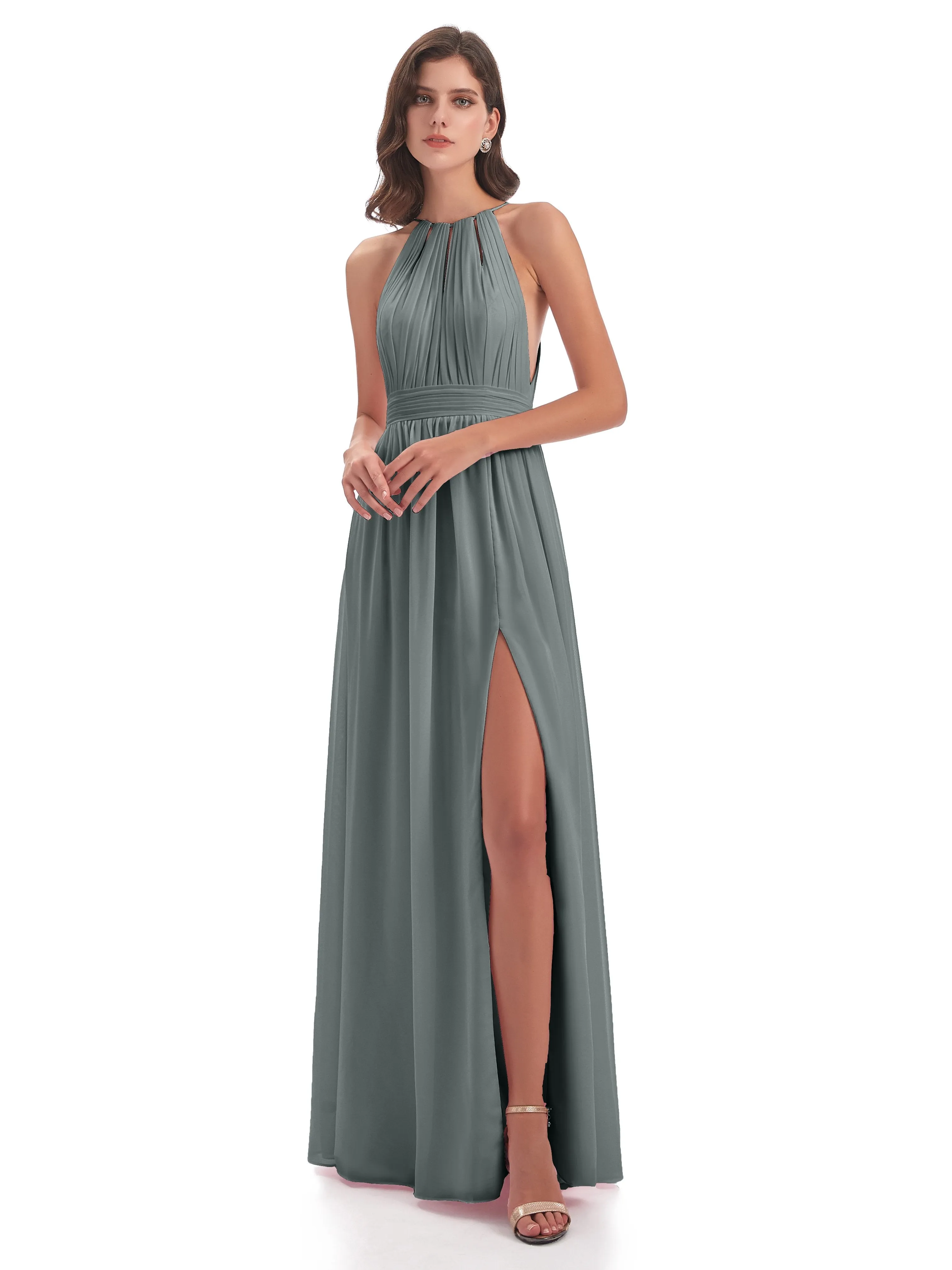 Marlowe Floor Length Halter Split Chiffon Bridesmaid Dresses
