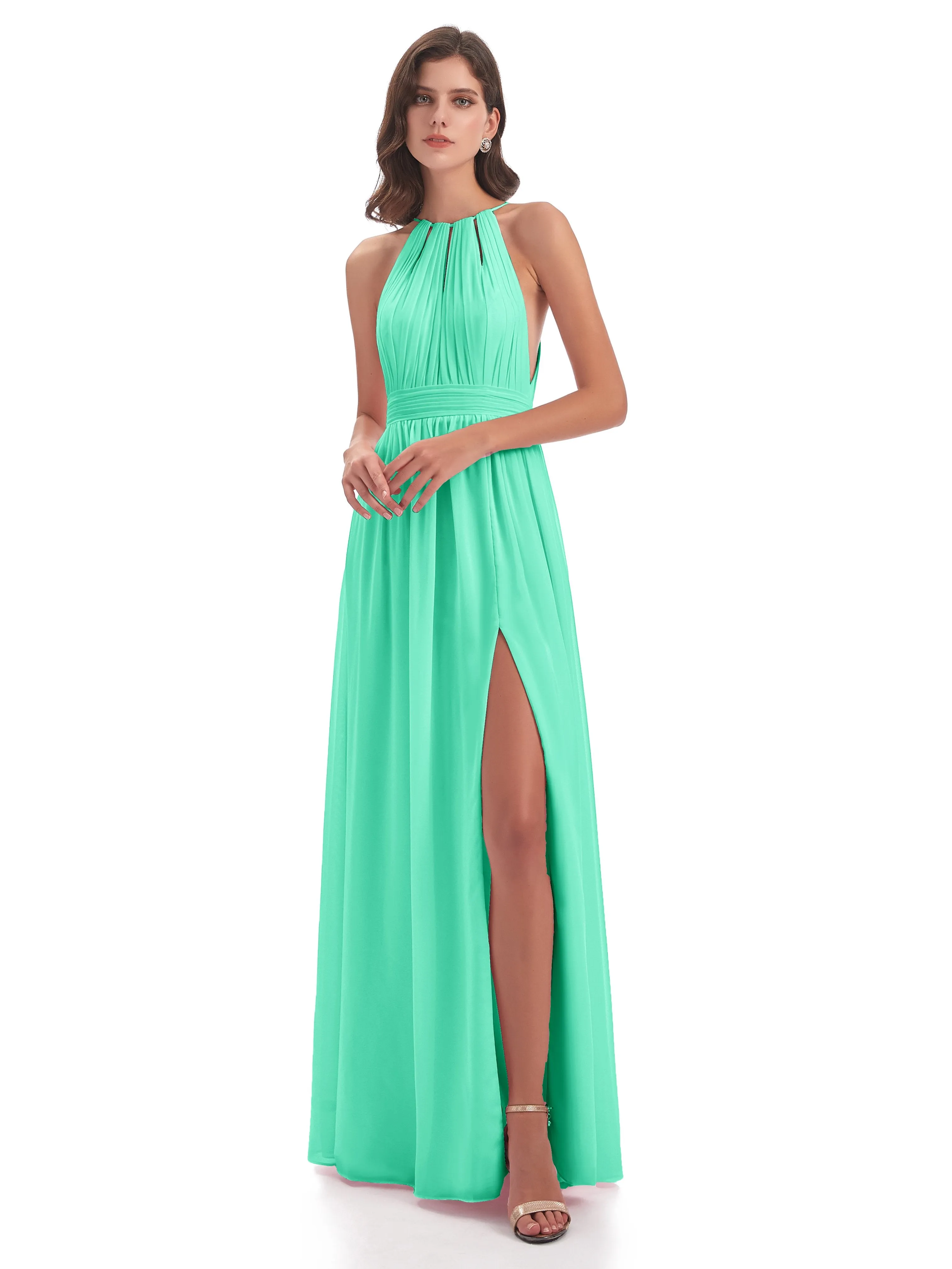 Marlowe Floor Length Halter Split Chiffon Bridesmaid Dresses
