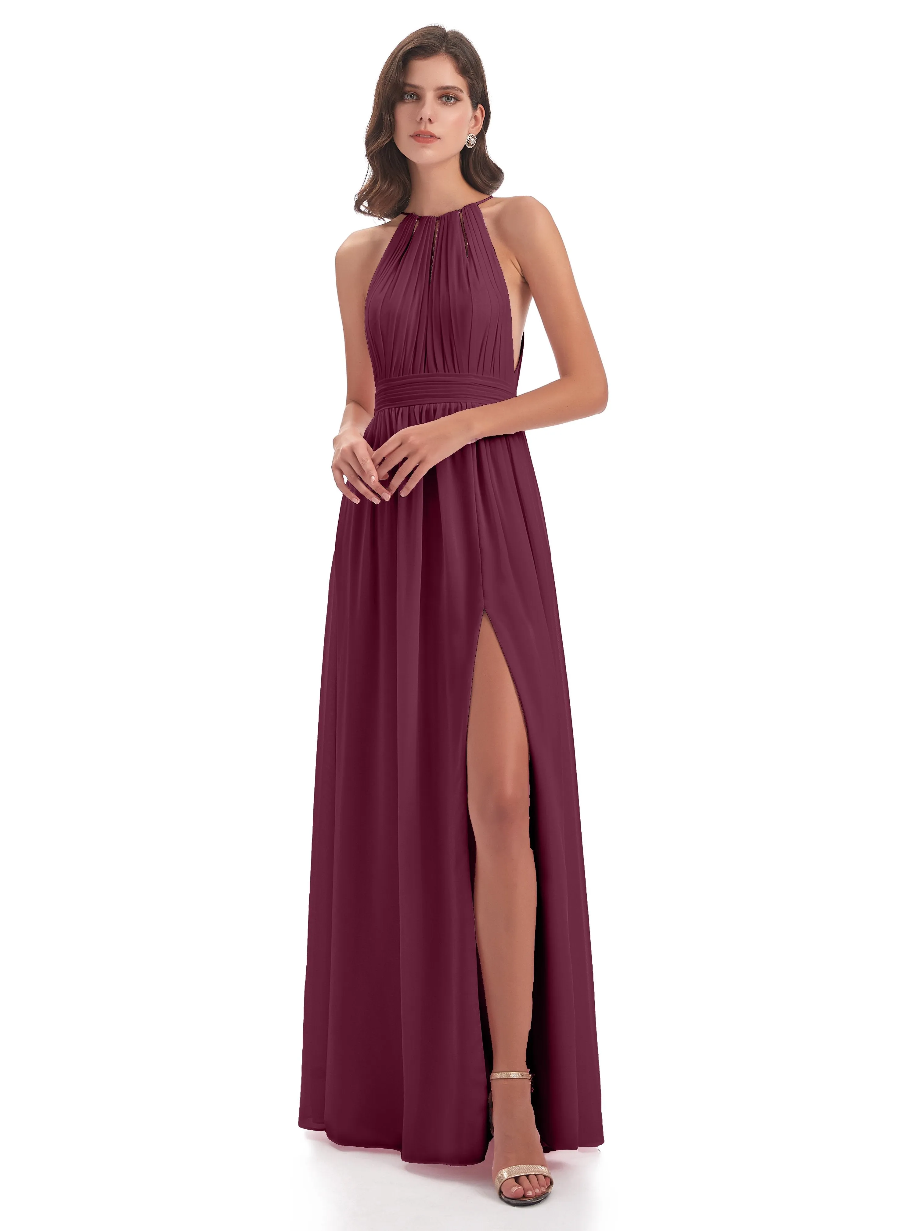Marlowe Floor Length Halter Split Chiffon Bridesmaid Dresses