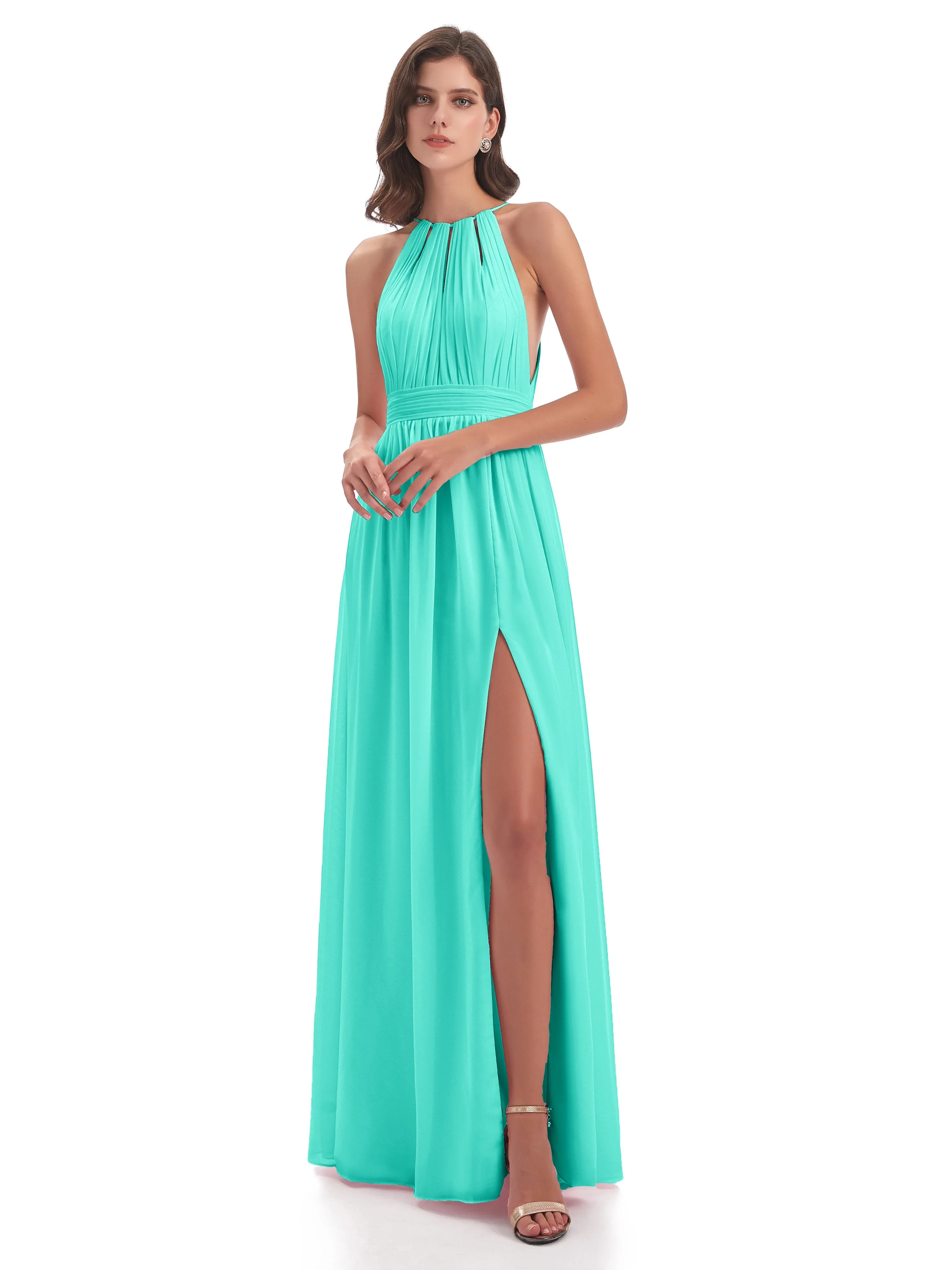 Marlowe Floor Length Halter Split Chiffon Bridesmaid Dresses