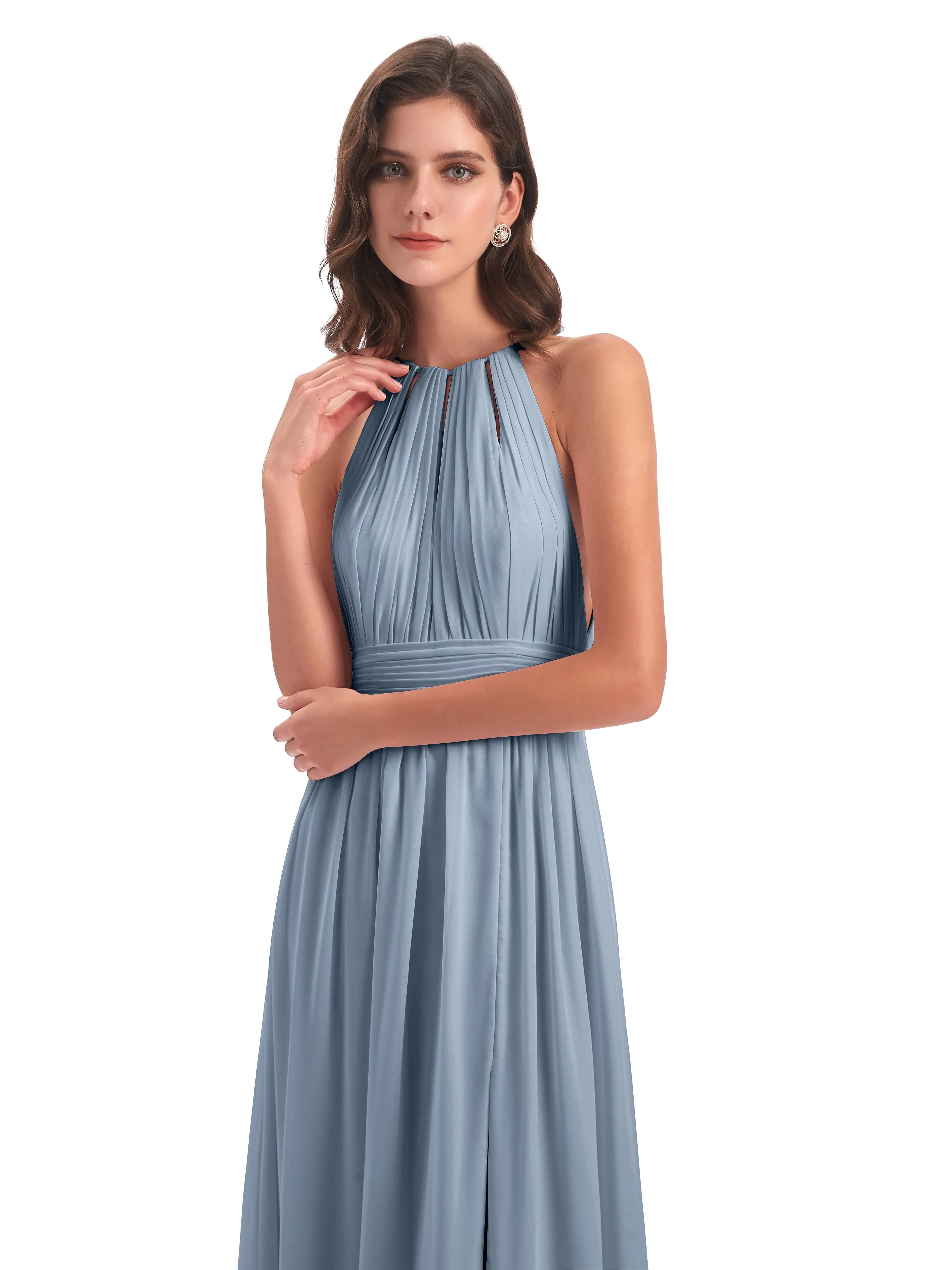 Marlowe Floor Length Halter Split Chiffon Bridesmaid Dresses