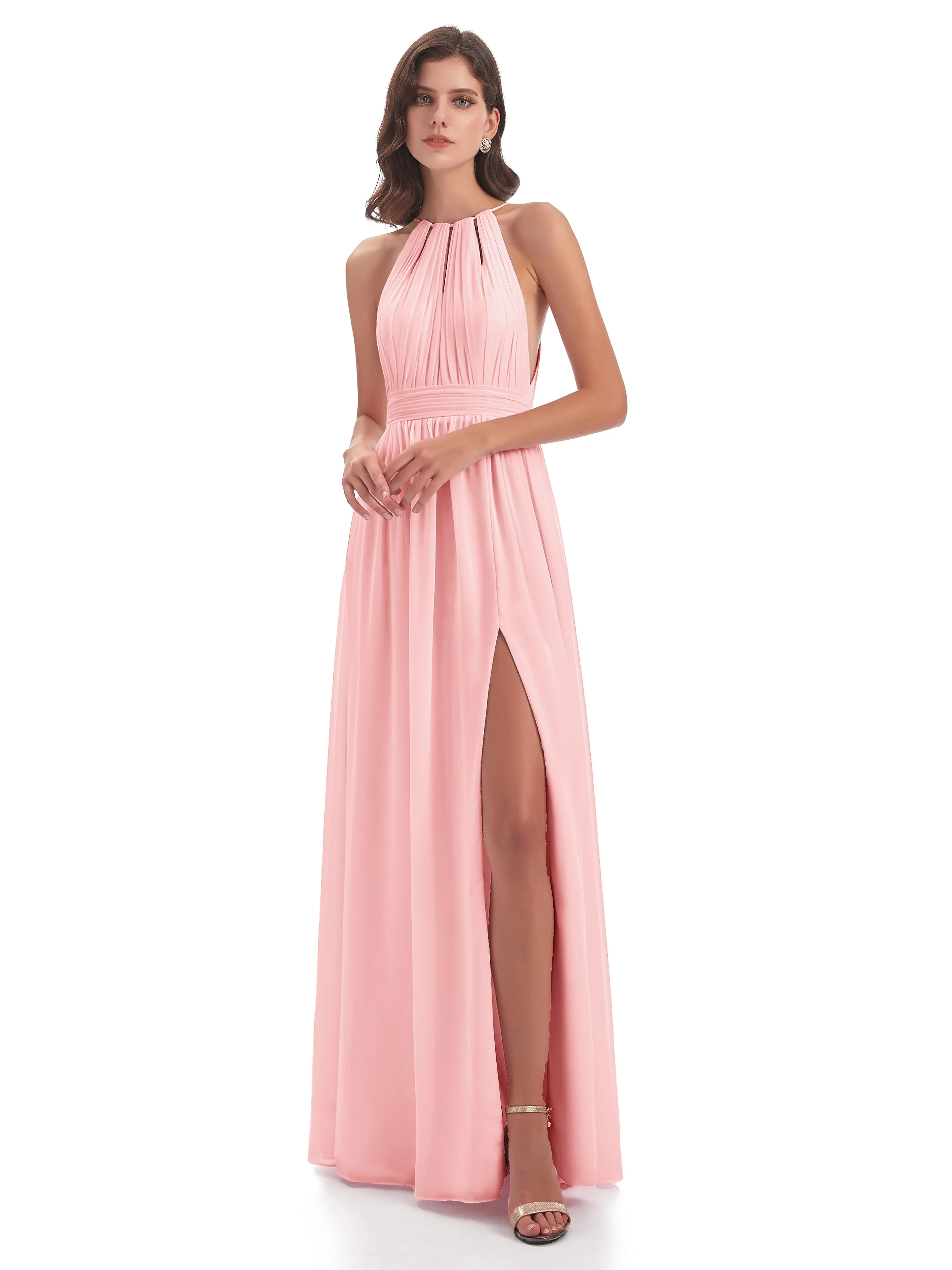 Marlowe Floor Length Halter Split Chiffon Bridesmaid Dresses