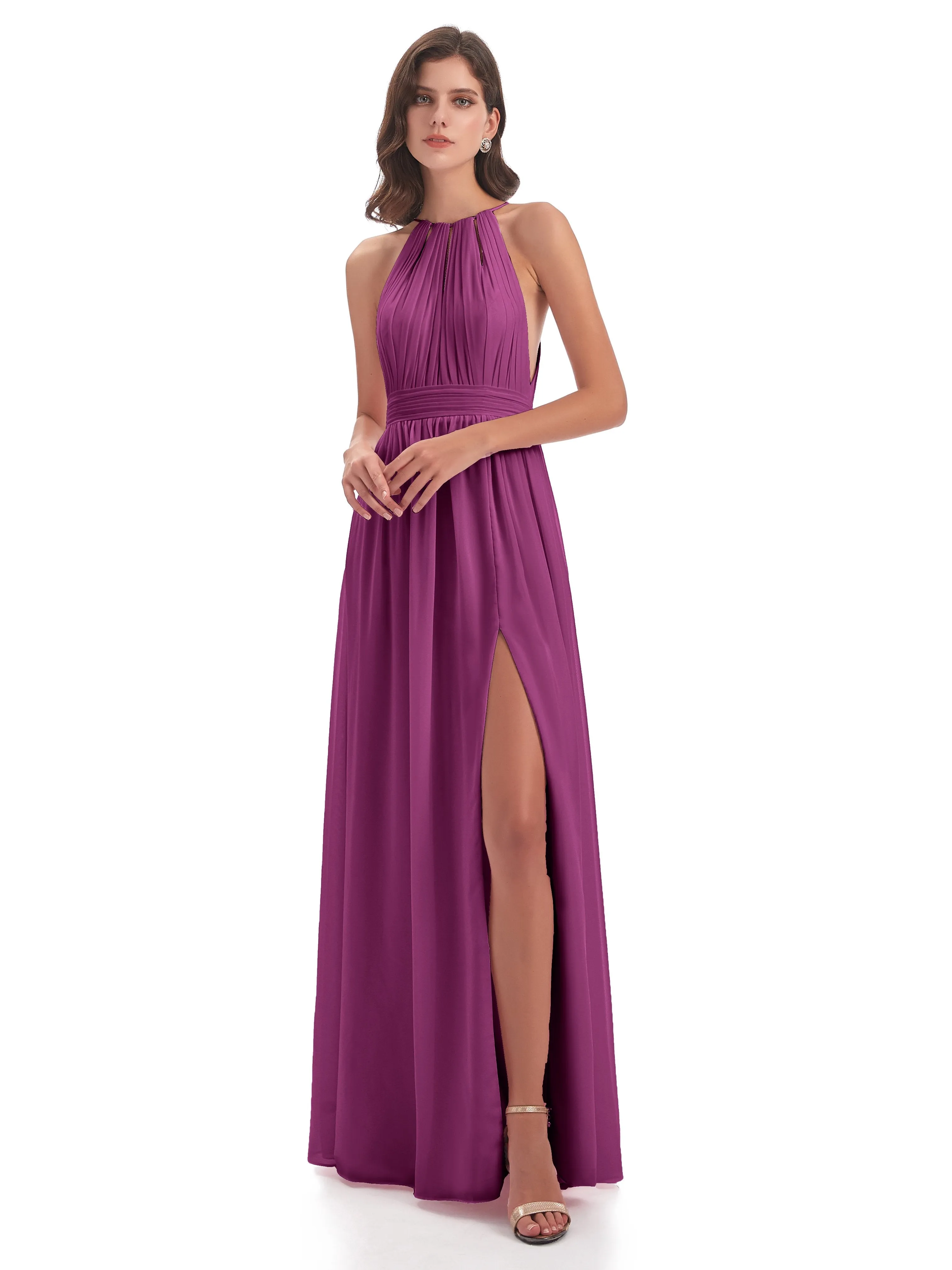 Marlowe Floor Length Halter Split Chiffon Bridesmaid Dresses