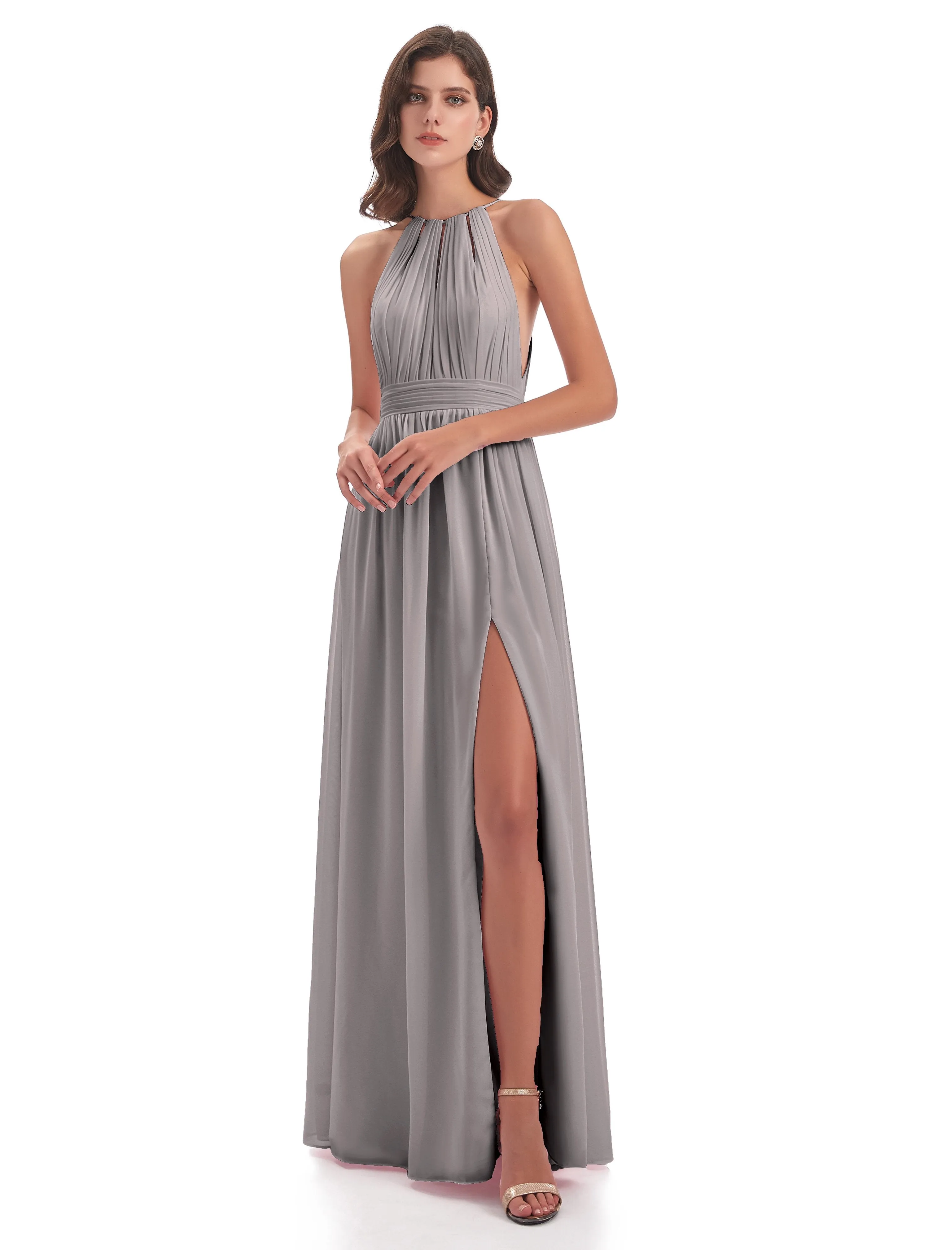 Marlowe Floor Length Halter Split Chiffon Bridesmaid Dresses