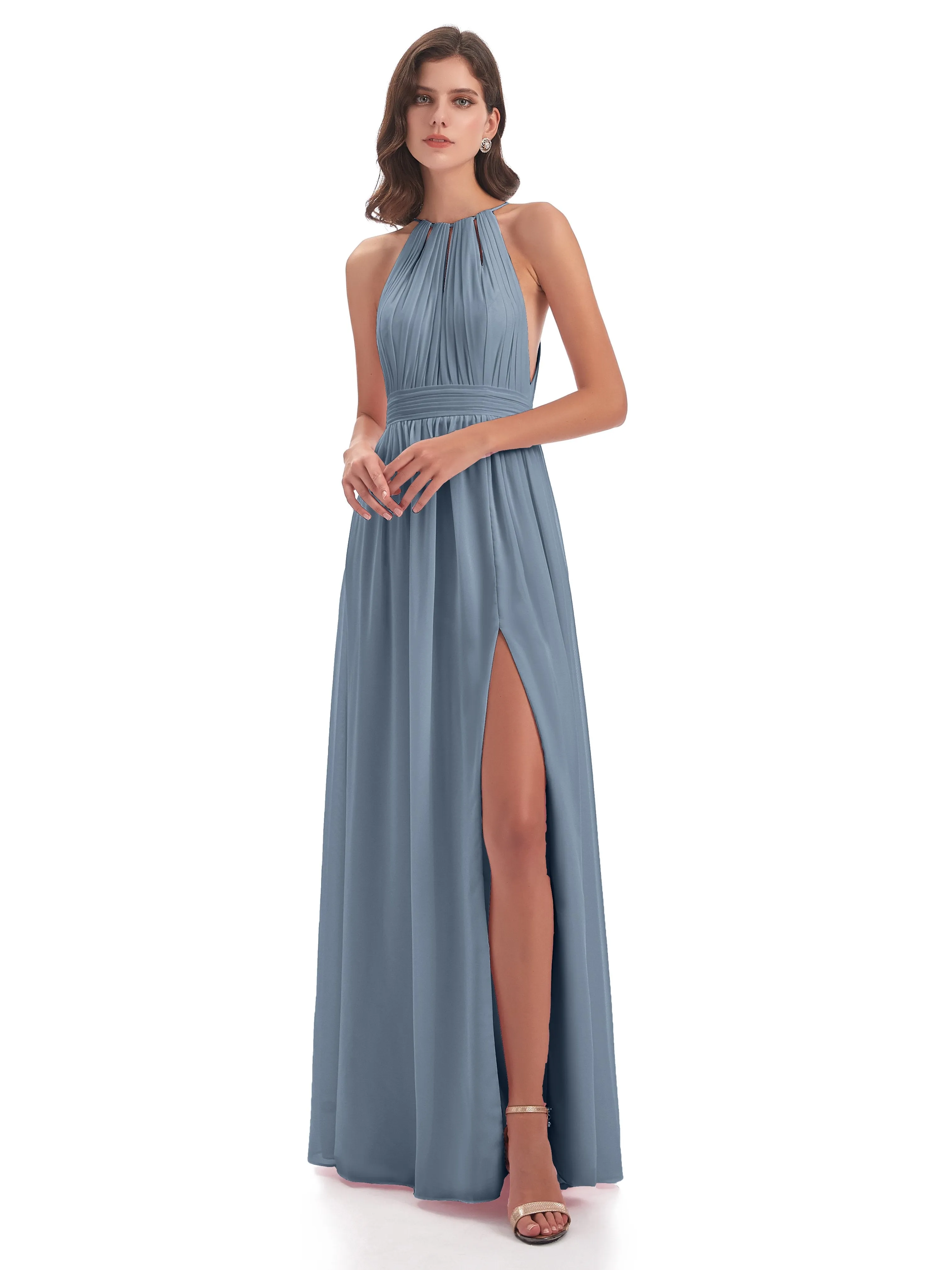 Marlowe Floor Length Halter Split Chiffon Bridesmaid Dresses