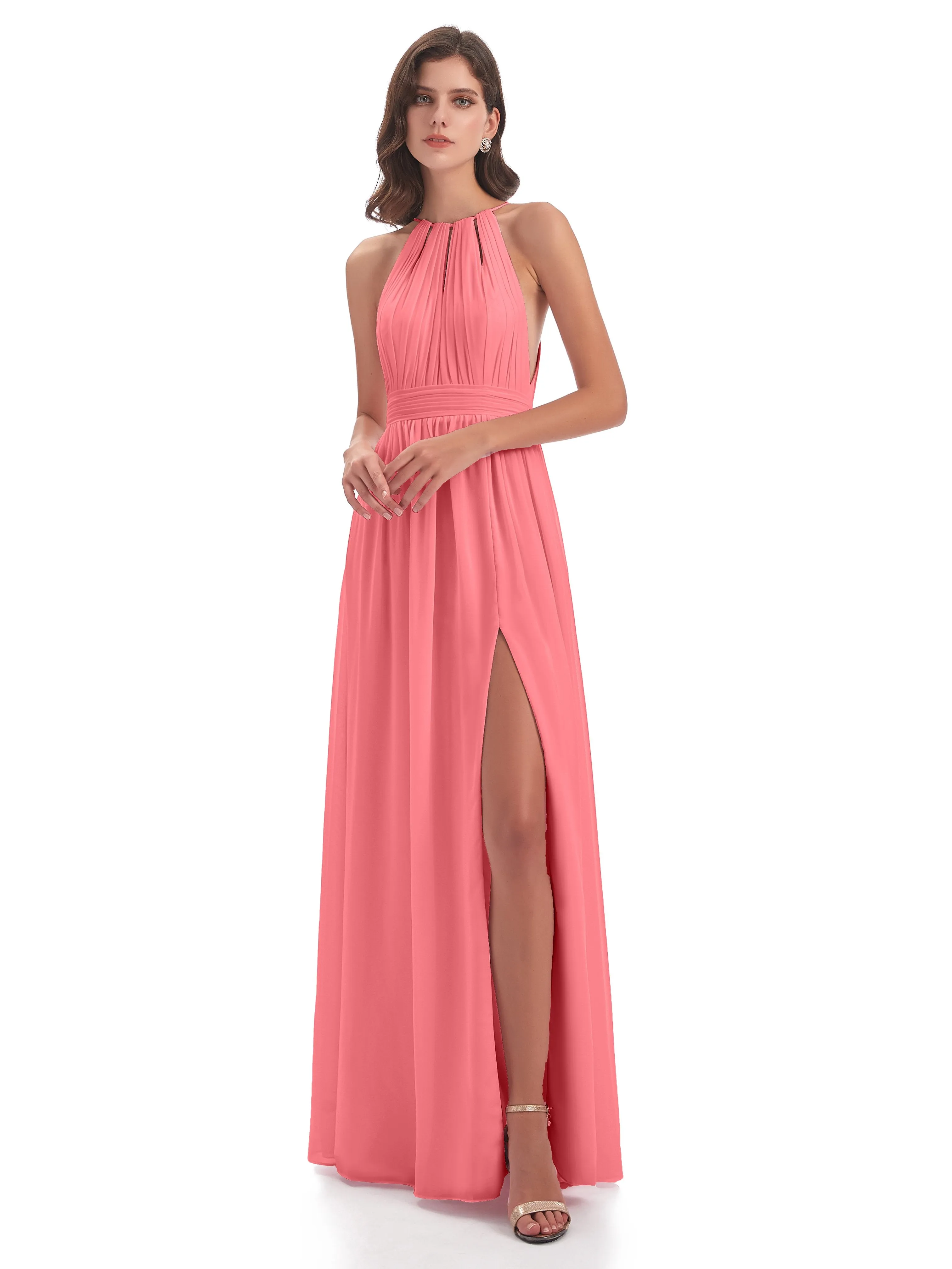 Marlowe Floor Length Halter Split Chiffon Bridesmaid Dresses
