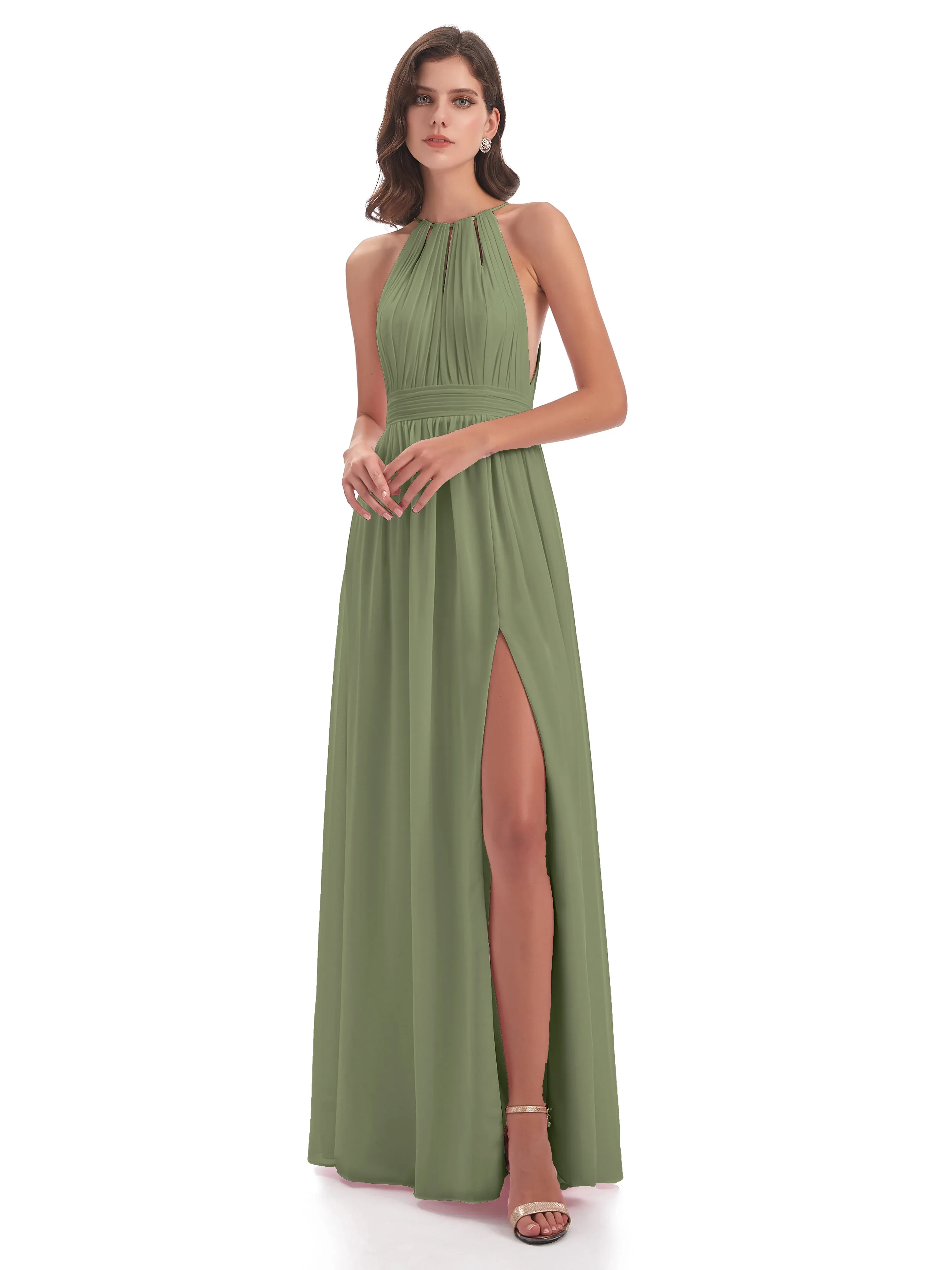 Marlowe Floor Length Halter Split Chiffon Bridesmaid Dresses