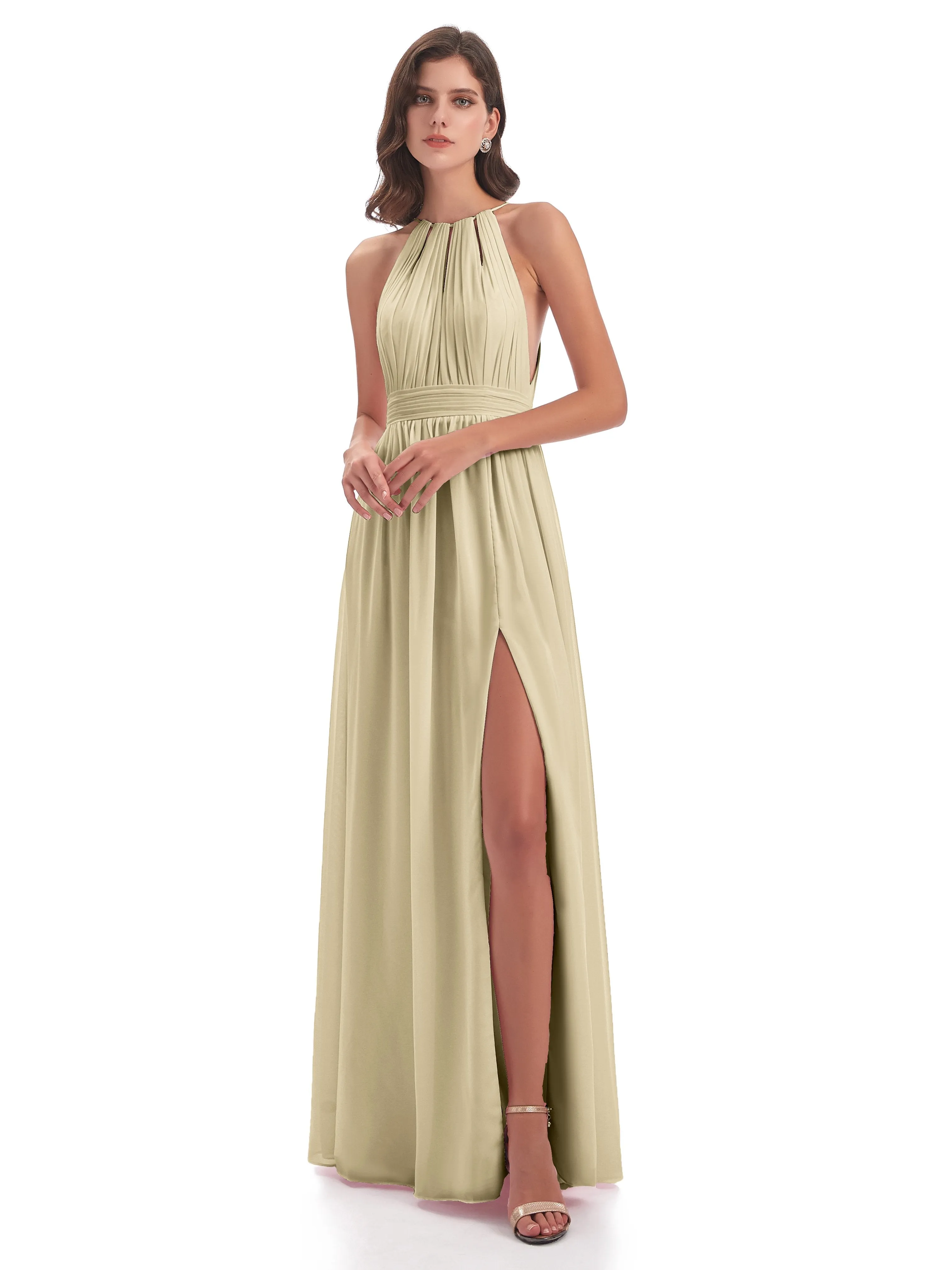 Marlowe Floor Length Halter Split Chiffon Bridesmaid Dresses