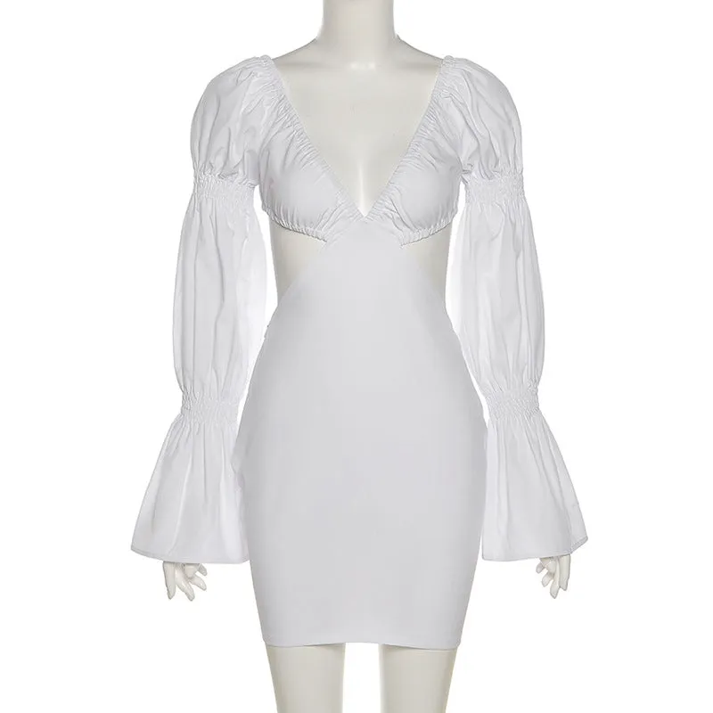 MB FASHION Plunging Cut-Out Mini Dress with Puff Sleeves and Flared Cuffs 4334R