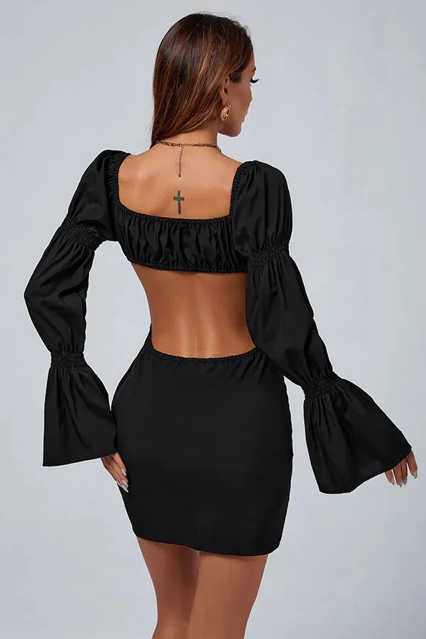 MB FASHION Plunging Cut-Out Mini Dress with Puff Sleeves and Flared Cuffs 4334R
