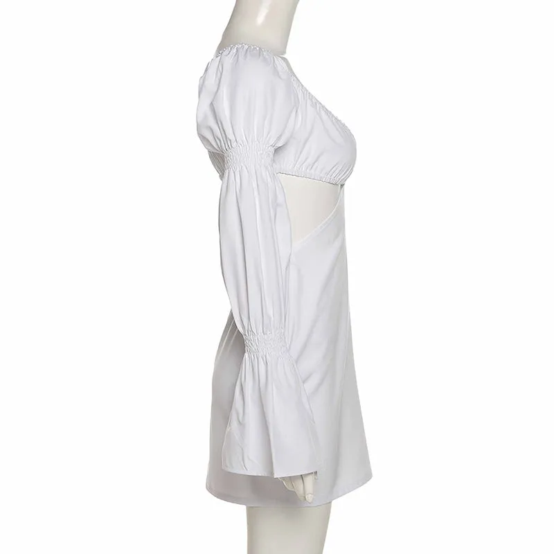MB FASHION Plunging Cut-Out Mini Dress with Puff Sleeves and Flared Cuffs 4334R