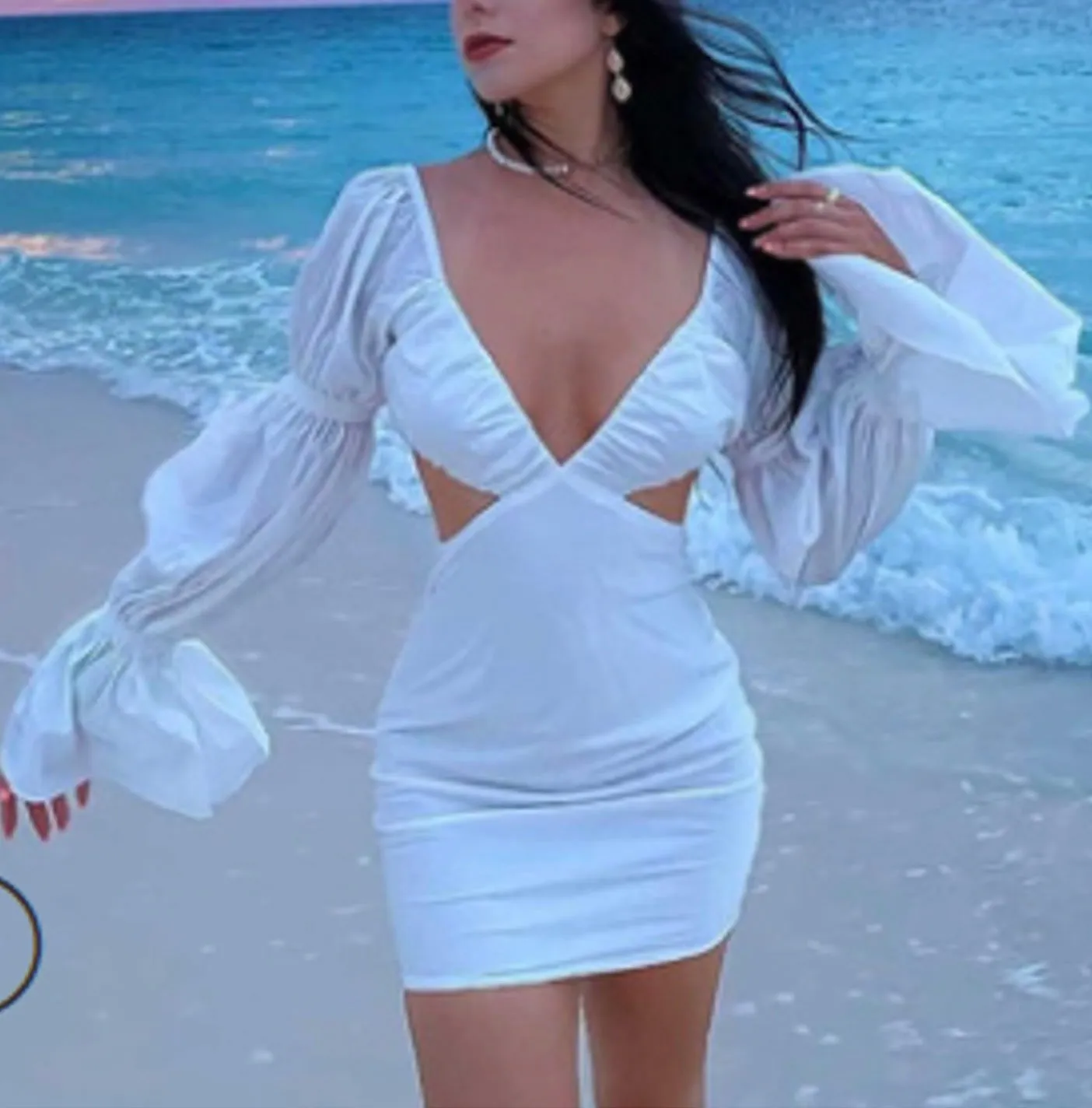 MB FASHION Plunging Cut-Out Mini Dress with Puff Sleeves and Flared Cuffs 4334R