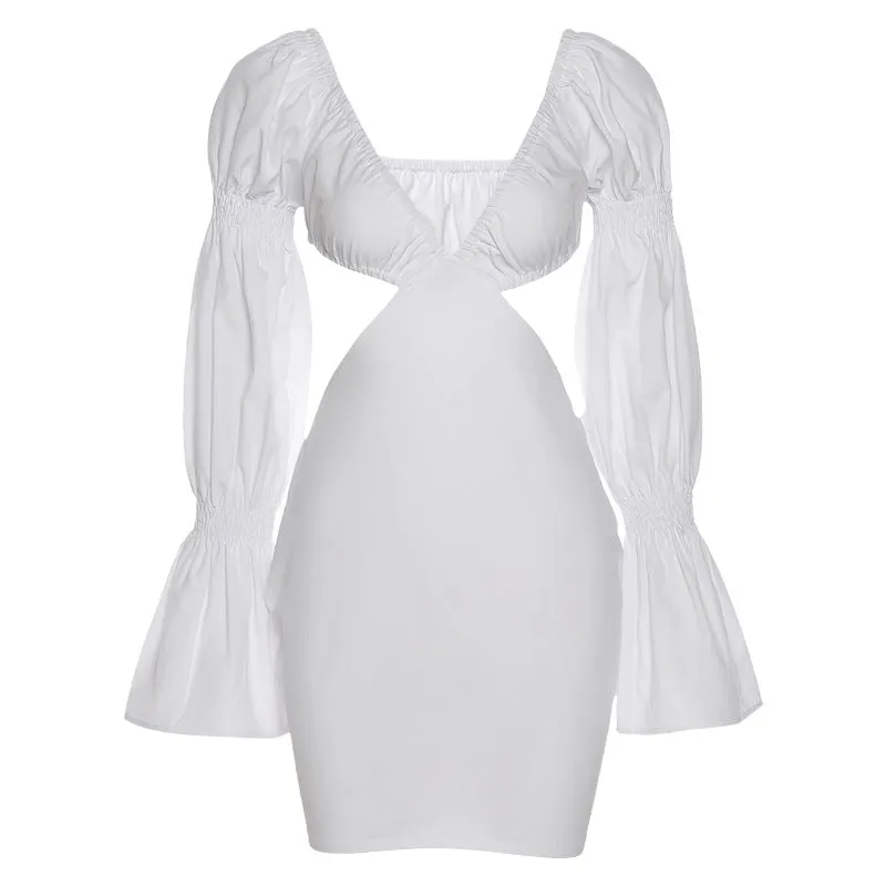 MB FASHION Plunging Cut-Out Mini Dress with Puff Sleeves and Flared Cuffs 4334R
