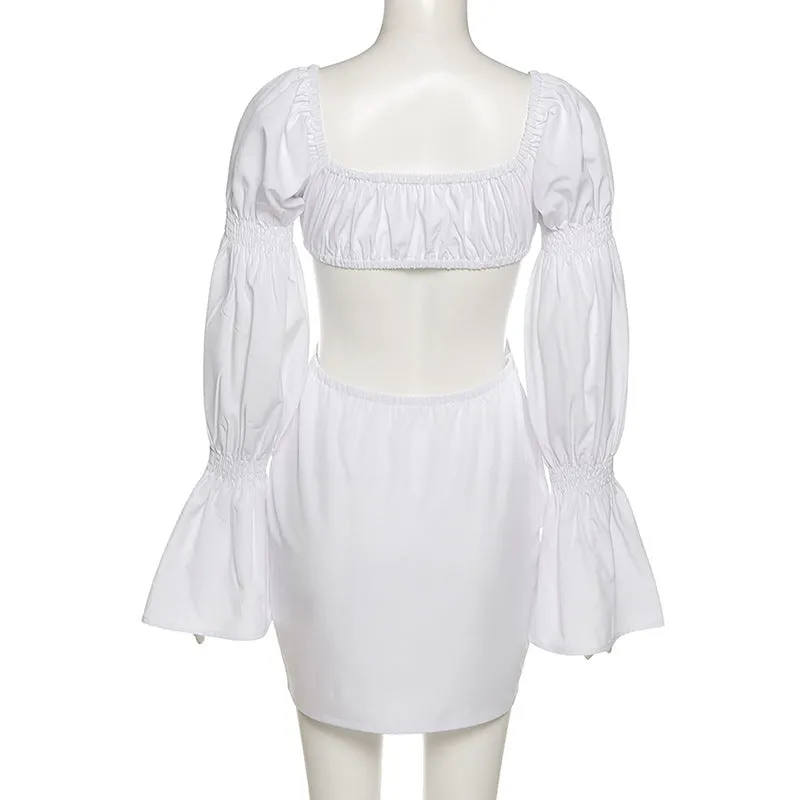 MB FASHION Plunging Cut-Out Mini Dress with Puff Sleeves and Flared Cuffs 4334R