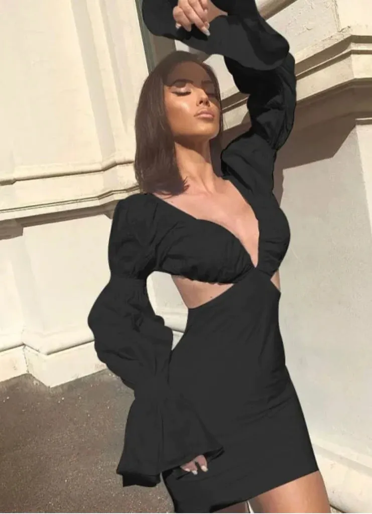 MB FASHION Plunging Cut-Out Mini Dress with Puff Sleeves and Flared Cuffs 4334R