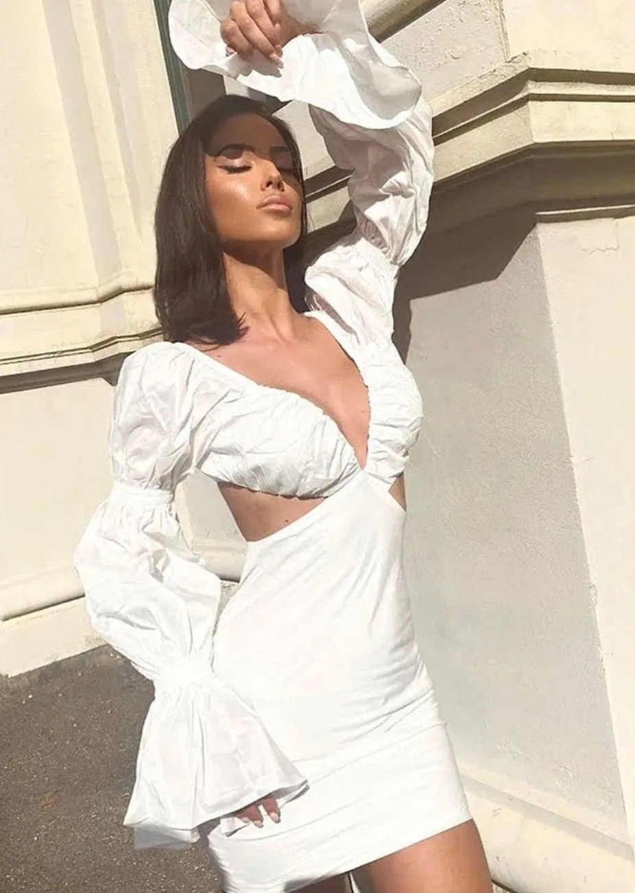 MB FASHION Plunging Cut-Out Mini Dress with Puff Sleeves and Flared Cuffs 4334R