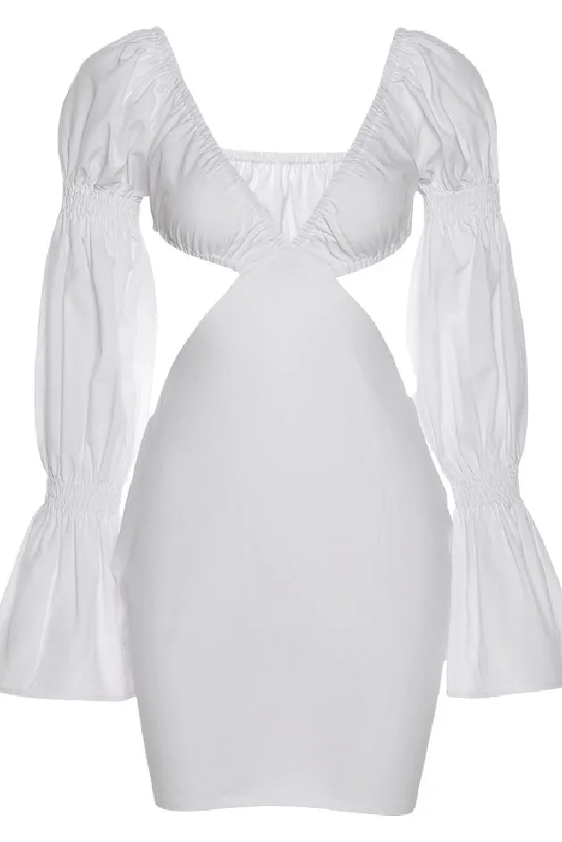 MB FASHION Plunging Cut-Out Mini Dress with Puff Sleeves and Flared Cuffs 4334R
