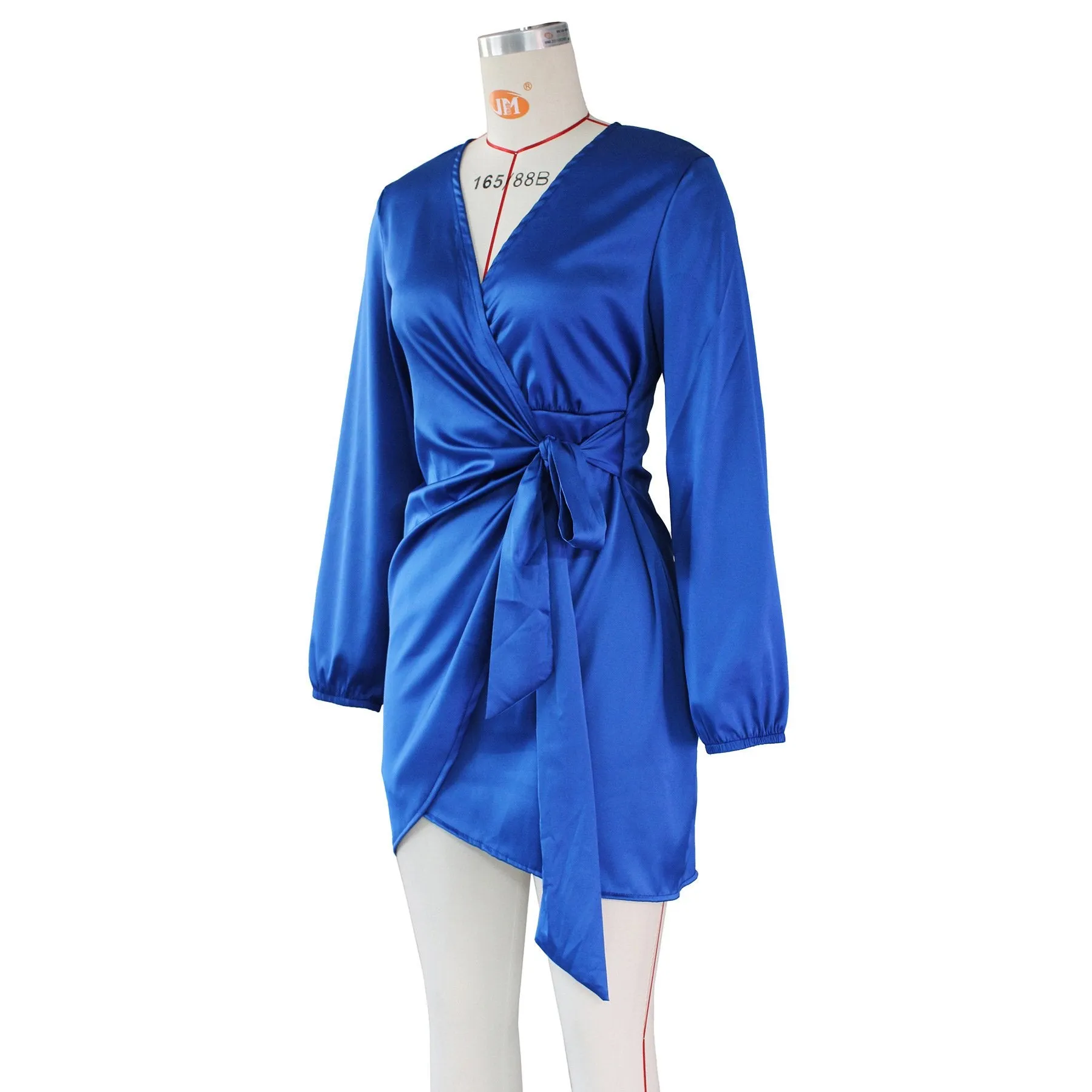 MB FASHION Satin Wrap Mini Dress with V-Neck and Tie Waist Detail 12556R
