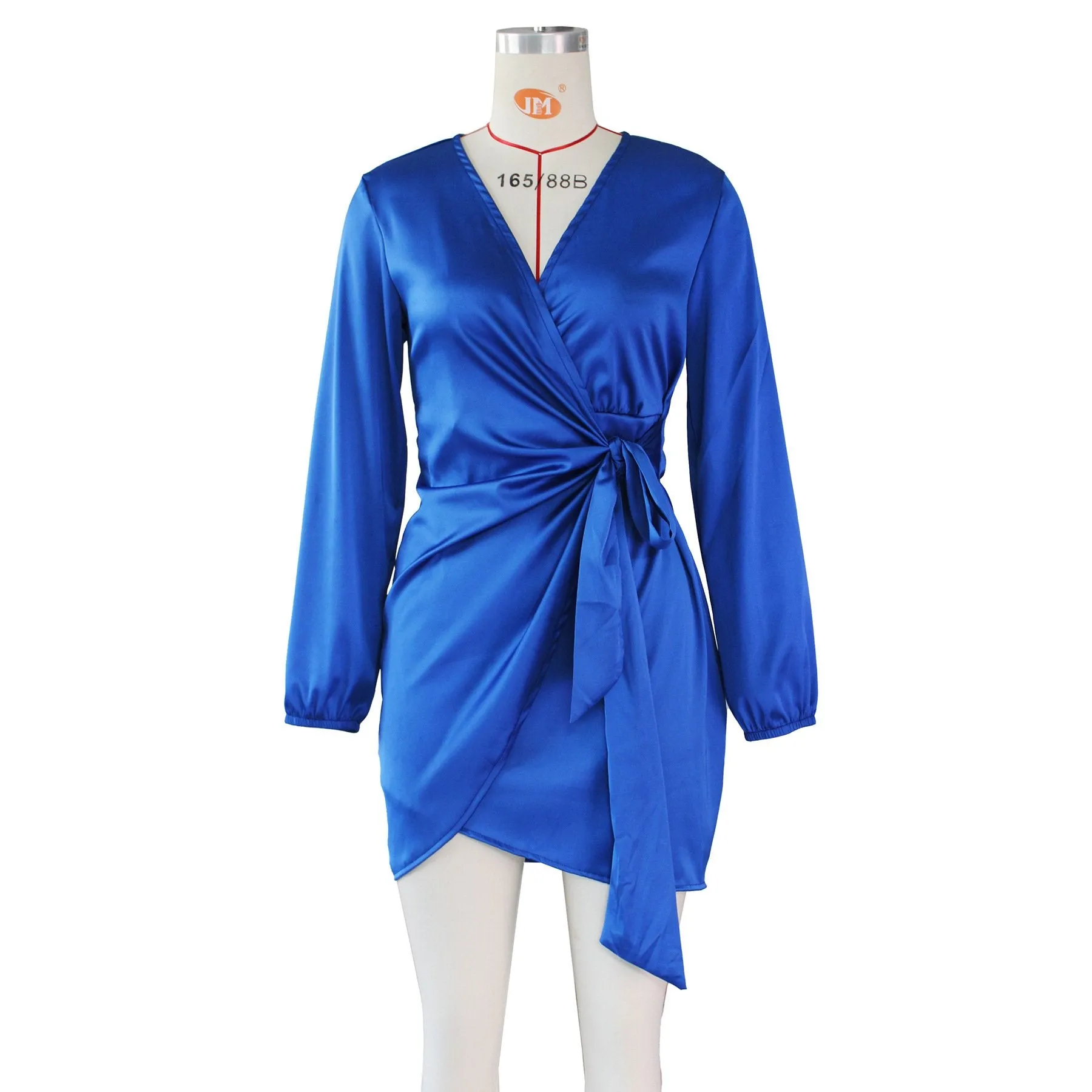 MB FASHION Satin Wrap Mini Dress with V-Neck and Tie Waist Detail 12556R