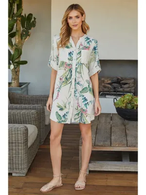 Milio Milano Sophisticated Elegance Italian Linen Botanical Print Button-down Dress With Sequin Pockets