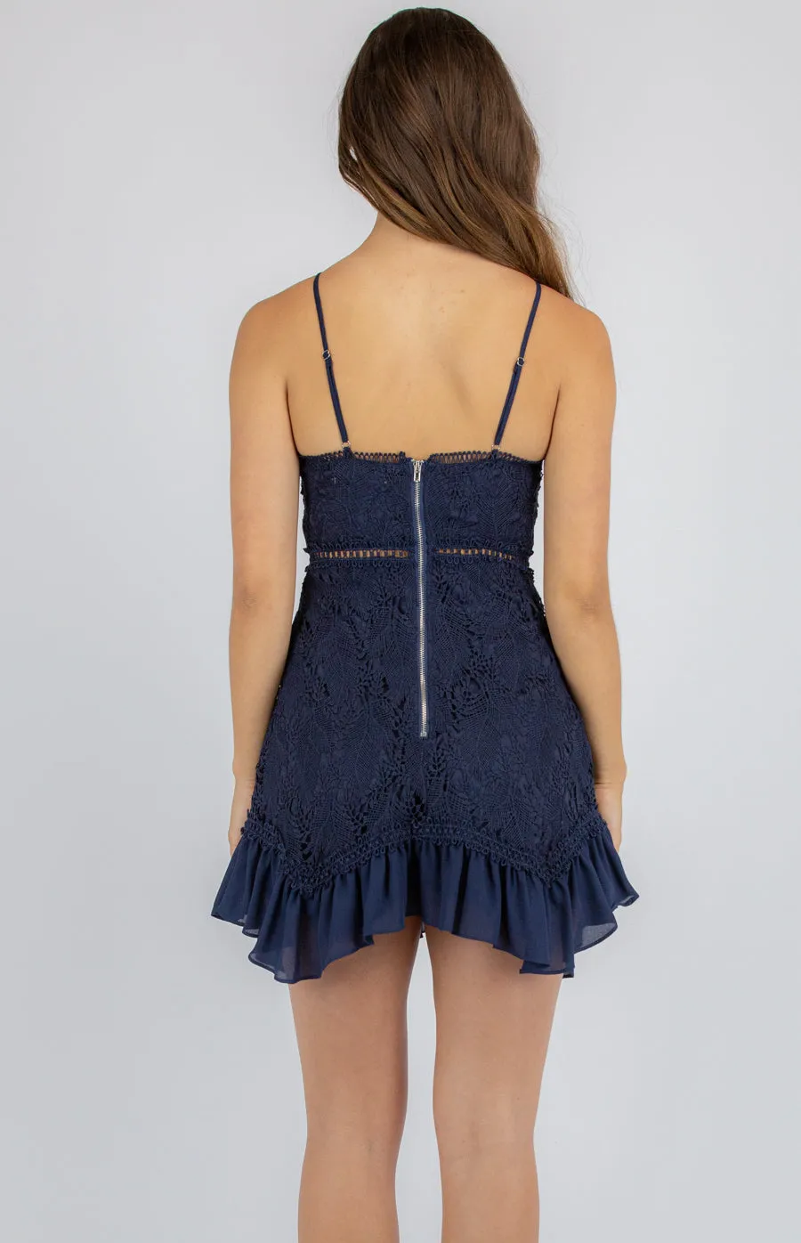 Mini Fancy Halter Neckline Lace Dress With Intricate Trim Details
