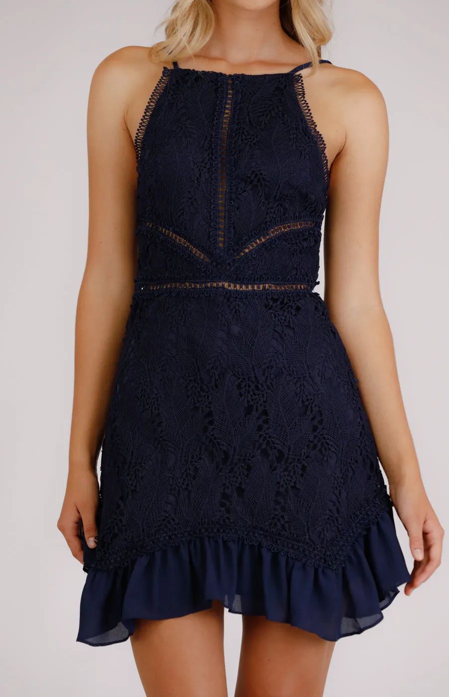 Mini Fancy Halter Neckline Lace Dress With Intricate Trim Details