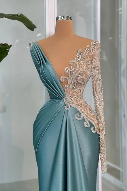 Modern Long Mermaid V-neck Lace Rhinestones Satin Long Sleeve Prom Dress