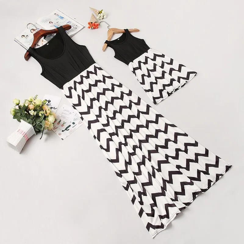 Mom and Me Trendy Sleeveless Wave Striped Dress