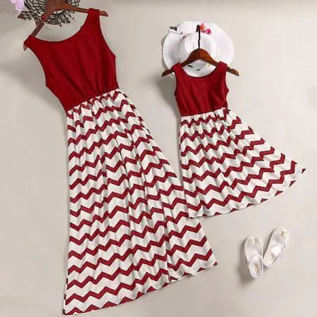 Mom and Me Trendy Sleeveless Wave Striped Dress