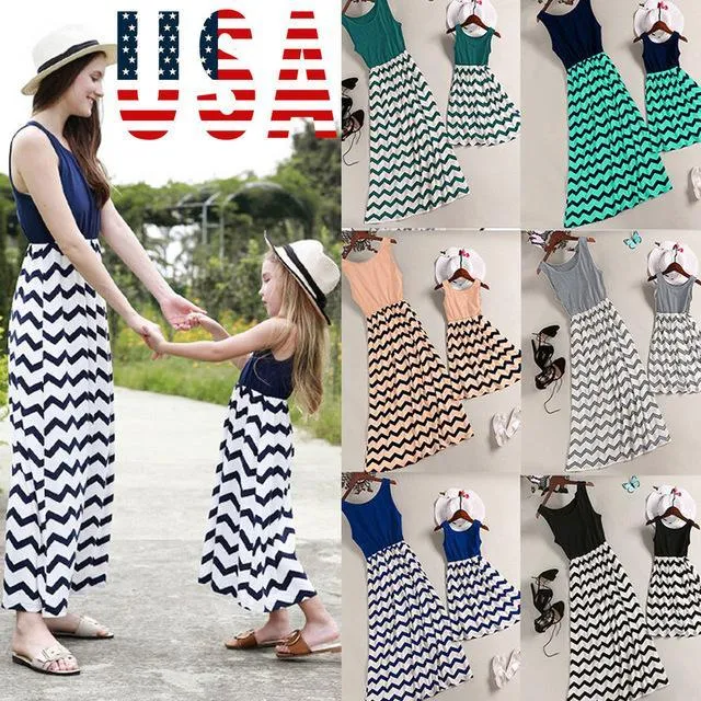 Mom and Me Trendy Sleeveless Wave Striped Dress