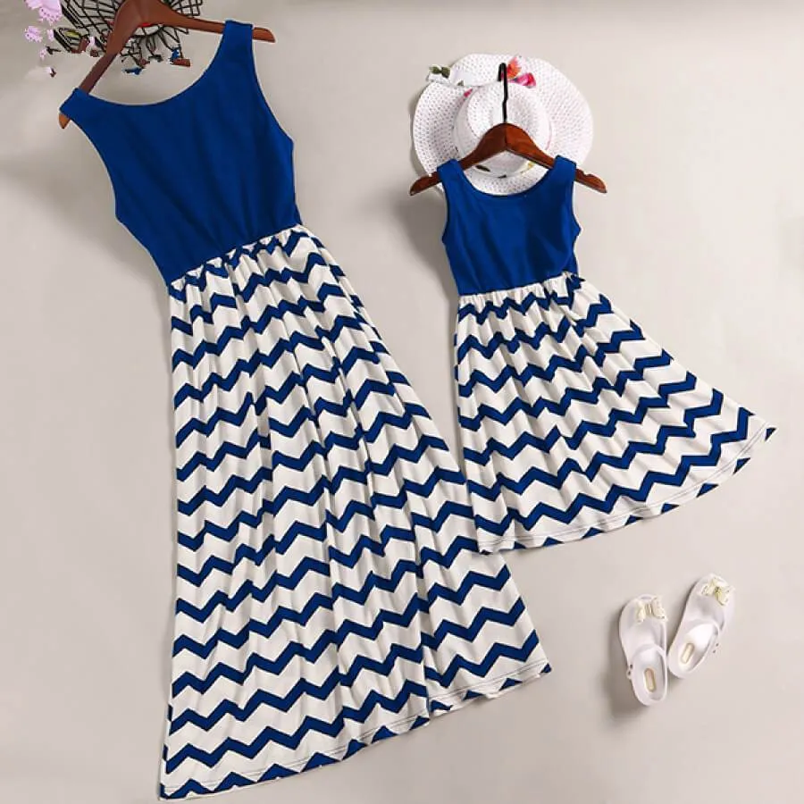 Mom and Me Trendy Sleeveless Wave Striped Dress