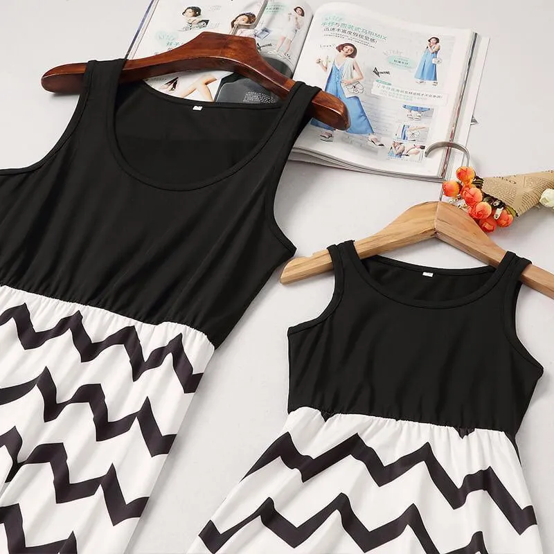 Mom and Me Trendy Sleeveless Wave Striped Dress
