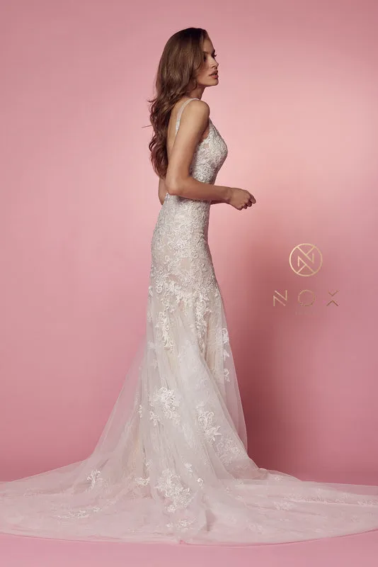 NOX ANABEL H493 V Neck Open Back Wedding Dress